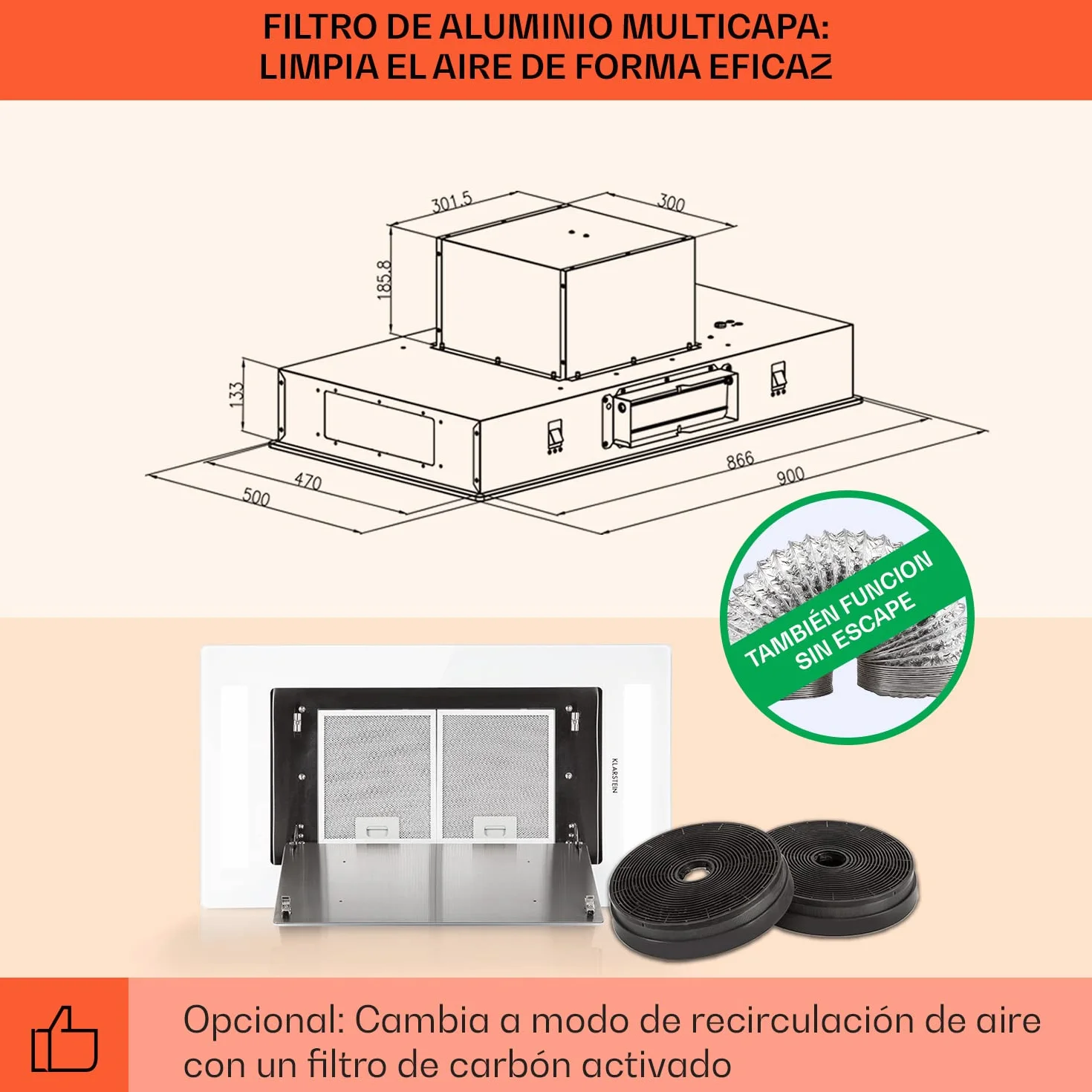 Klarstein Campana Extractora Empotrable 90 cm 230W 620m³/h Silencioso