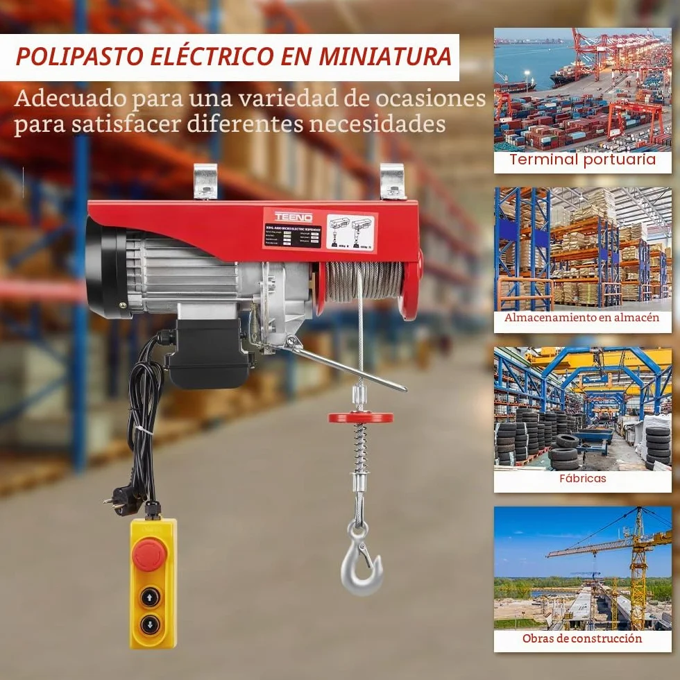 TEENO Polipasto Eléctrico Cuerda 1200 W 220V,Cabrestante Eléctrico 6m/12m de Altura de Elevación,Capacidad de carga 300-600 kg,Almacenes, Elevación de Mercancías,Rojo