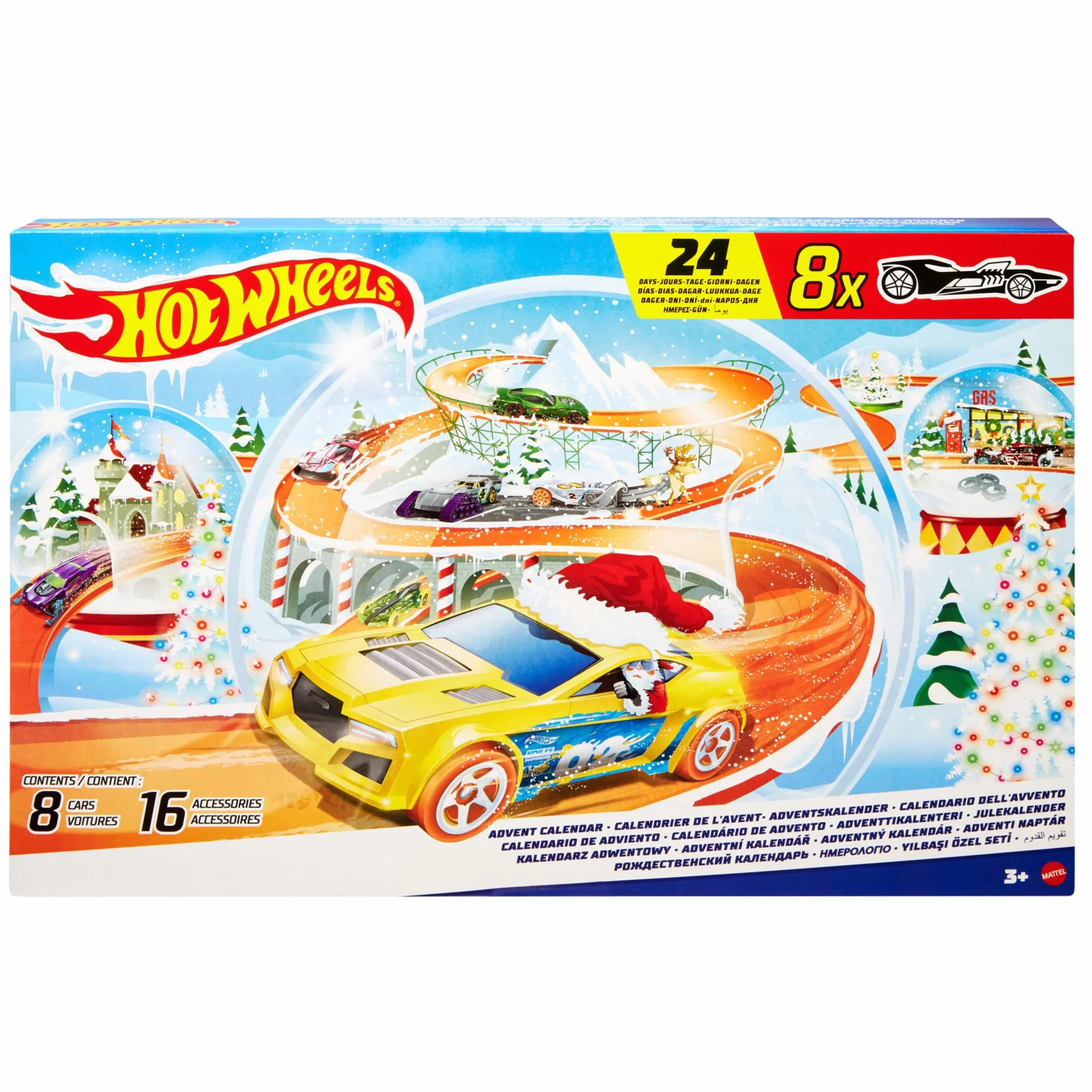 Hot Wheels Calendario de Adviento 2024, 8 coches de juguete con 16 accesorios sorpresa, alfombra de juego, regalo niños +3 años HTG00