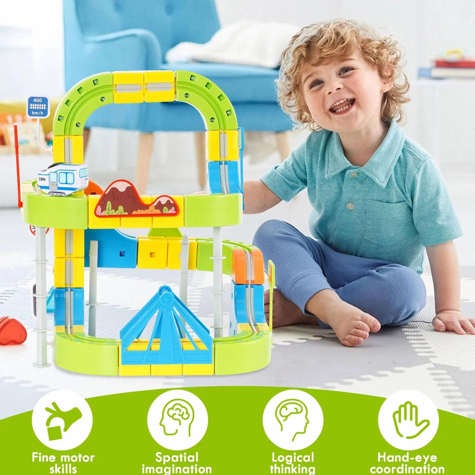 Tren Eléctrico Juguete Niños 125 Pcs - Pista de Carreras DIY Cube Track 3D - Set Tren con Locomotora y Vías - Regalo 3-8 Años