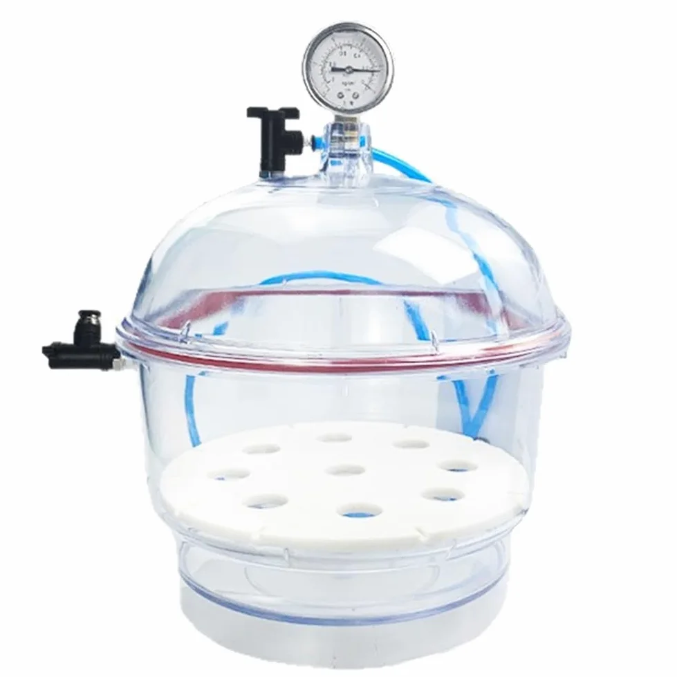Secador de Vacío de Plástico de 150 Mm, Desecador de Laboratorio, Secado Al Vacío, Almacenamiento, Válvula Doble con Manómetro.