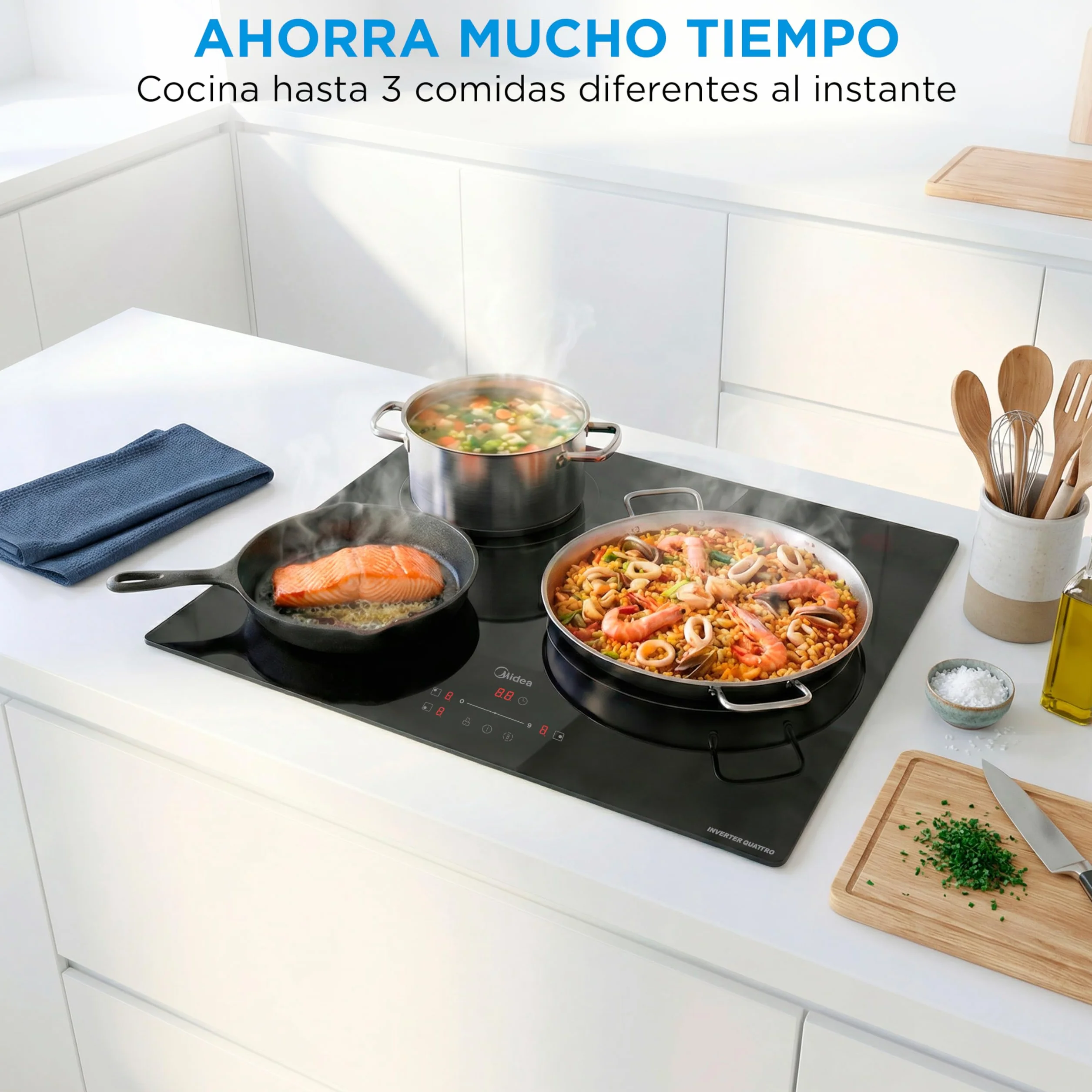 MIDEA Placa Inducción 3 Fuegos 60 cm 7400 W Vitrocerámica Integrada Panel Táctil Inverter Quattro Booster Temporizador