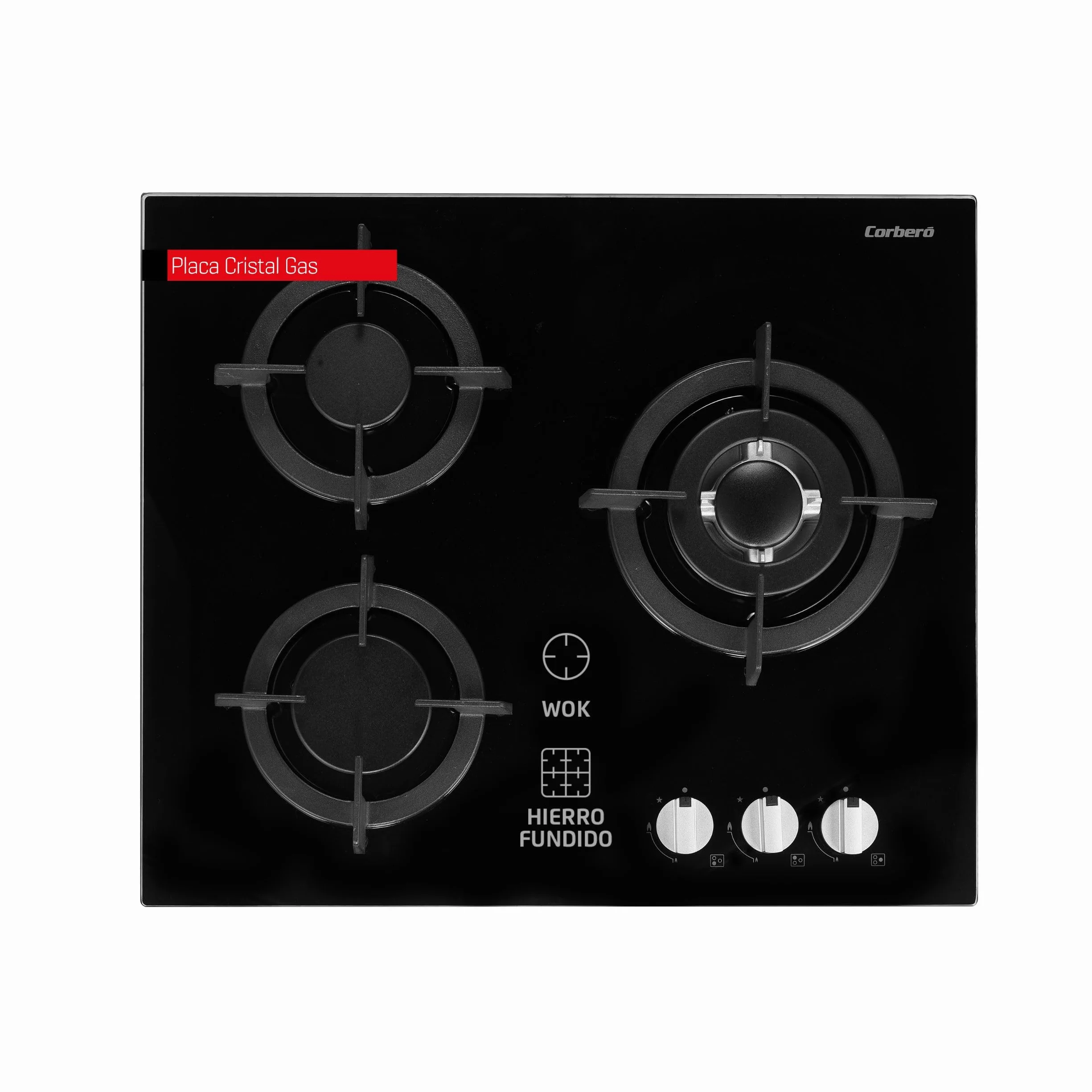 Corberó Placa Cristal Gas butano 3 Fuegos 7,75KW Zona Wok Negro
