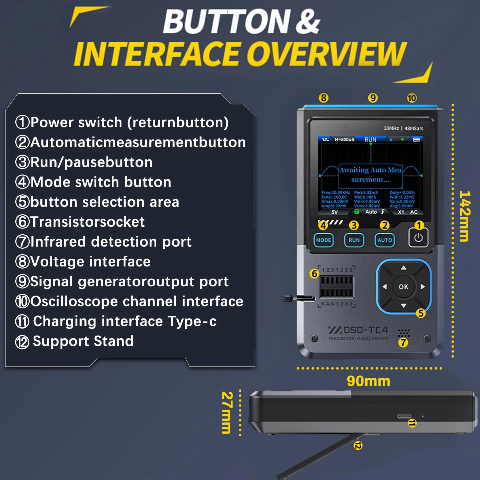DEWIN DSO-TC4 Osciloscopio digital, 3 en 1 Osciloscopio portatil/Probador de transistores/Generador de señales,Ancho de banda de 10 MHz, frecuencia de muestreo de 48 MSa/s, protección anti-quemaduras