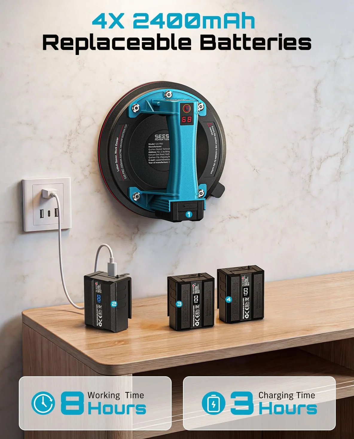Seesii Ventosas Eléctricas para Cristal, 2 Piezas 200mm Ventosas de Vacío con 4x Baterías 2400mAh, Pantalla LCD, Carga Máx. 270 kg – Professional Ventosa para Azulejos, Madera, Pisos y Cargas Pesadas