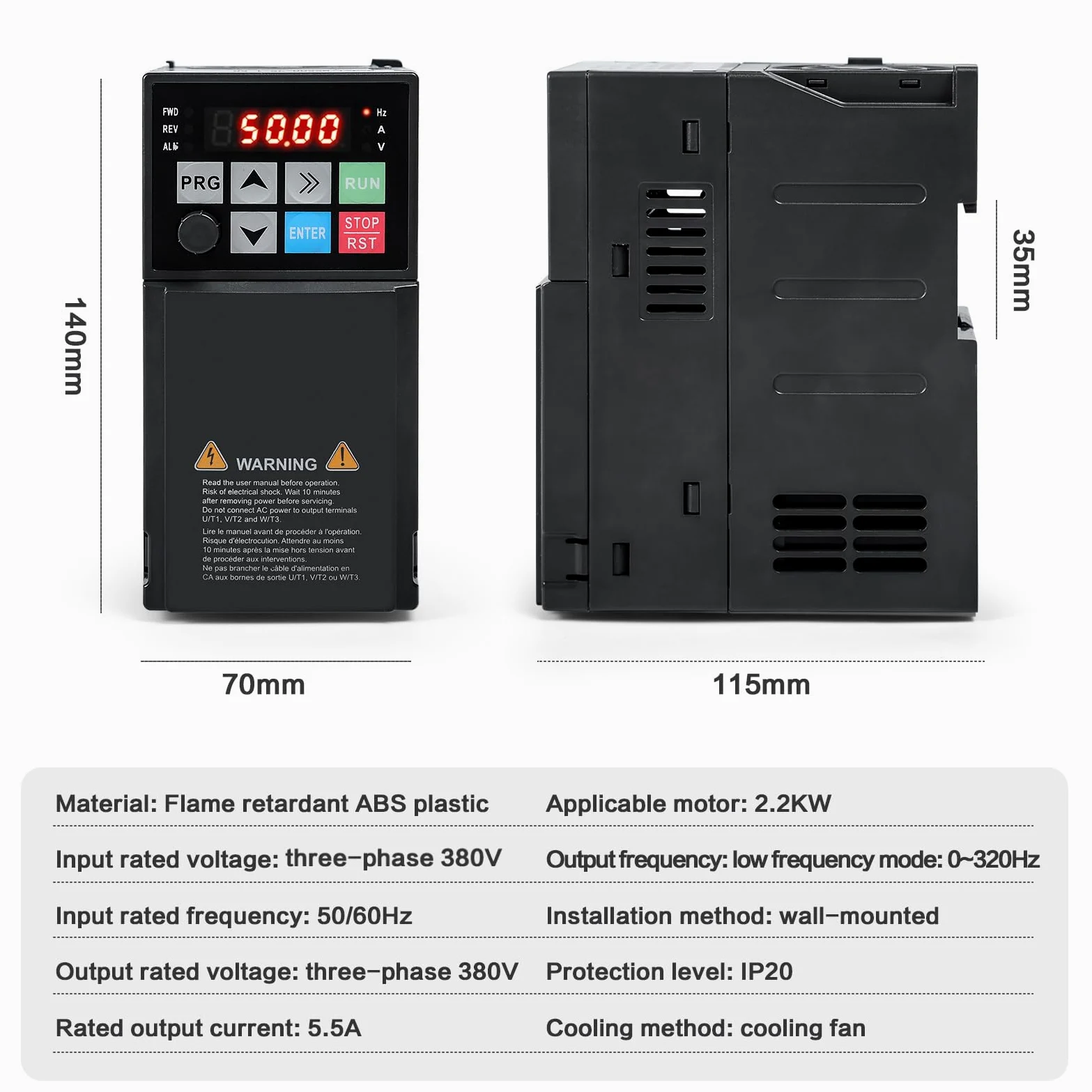 DEWIN Variador de Frecuencia Trifasico 380V, 2.2kW 380V Entrada Trifásica Salida Trifásica, Variador Velocidad Variador de Frecuencia VFD Inversor(Modelo de fábrica:MS500-4T-2.2G)