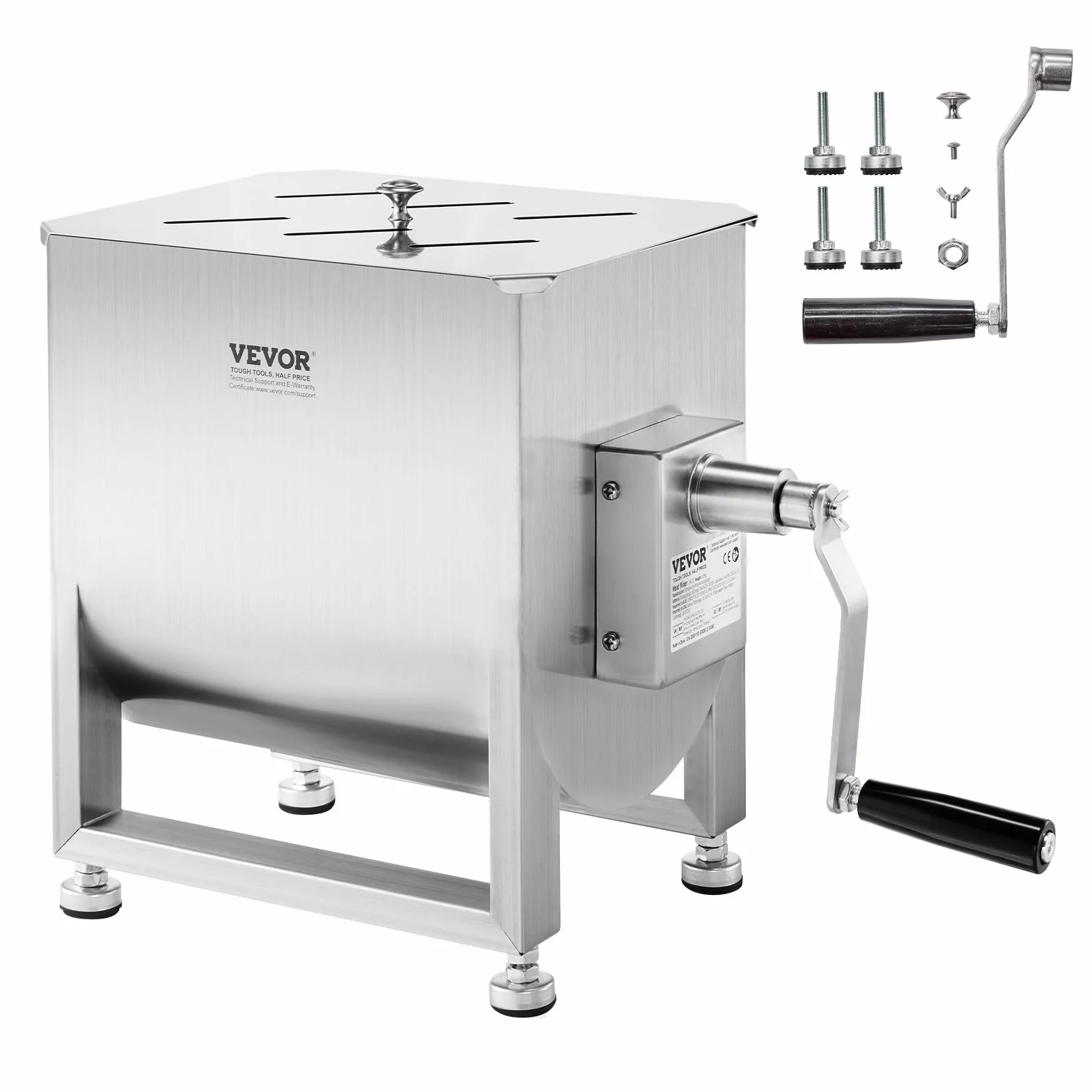 VEVOR Mezcladora de Carne Manual Tanque 30 L Equipo de Procesamiento de Carne Mezcla Máxima 20,4 kg Mezcladora de Salchichas de Acero Inoxidable Batidora de Carne con Tapa, Reductor de Engranajes