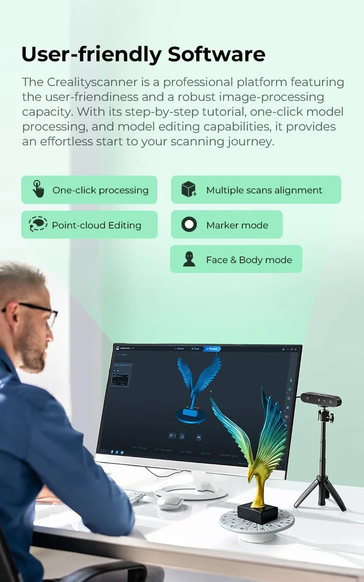 Creality CR-Scan Ferret SE 3D Escáner, seguimiento antivibración, precisión de escaneo de 0,1 mm, escáner portátil de 30 FPS para impresoras 3D,puede escanear objetos negros/metálicos para Windows/Mac