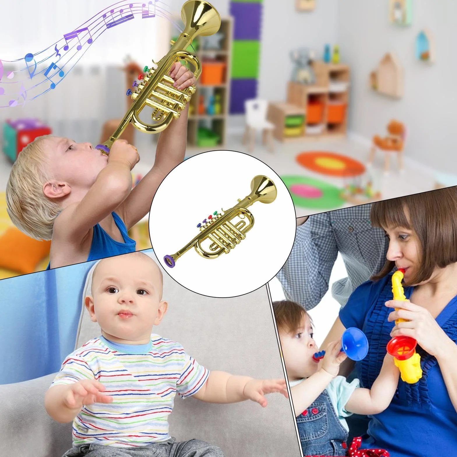 Trompeta para Niños 4 Tonos Instrumento de Viento con 4 Teclas de Colores Juguete Educativo