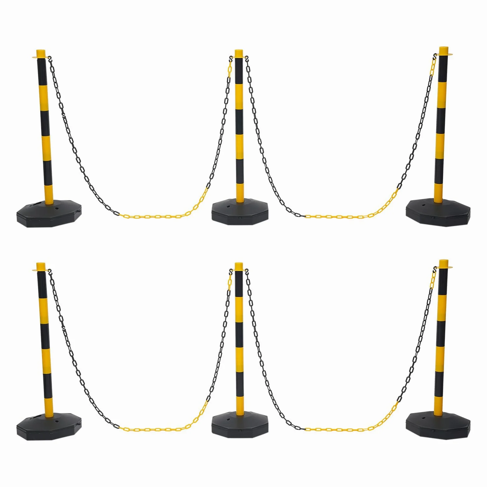 6 postes de barrera con cadena Delineator Post con base rellenable, mástil de estacionamiento portátil con 5 cadenas para limitación de tráfico para aparcamiento, lugar de construcción