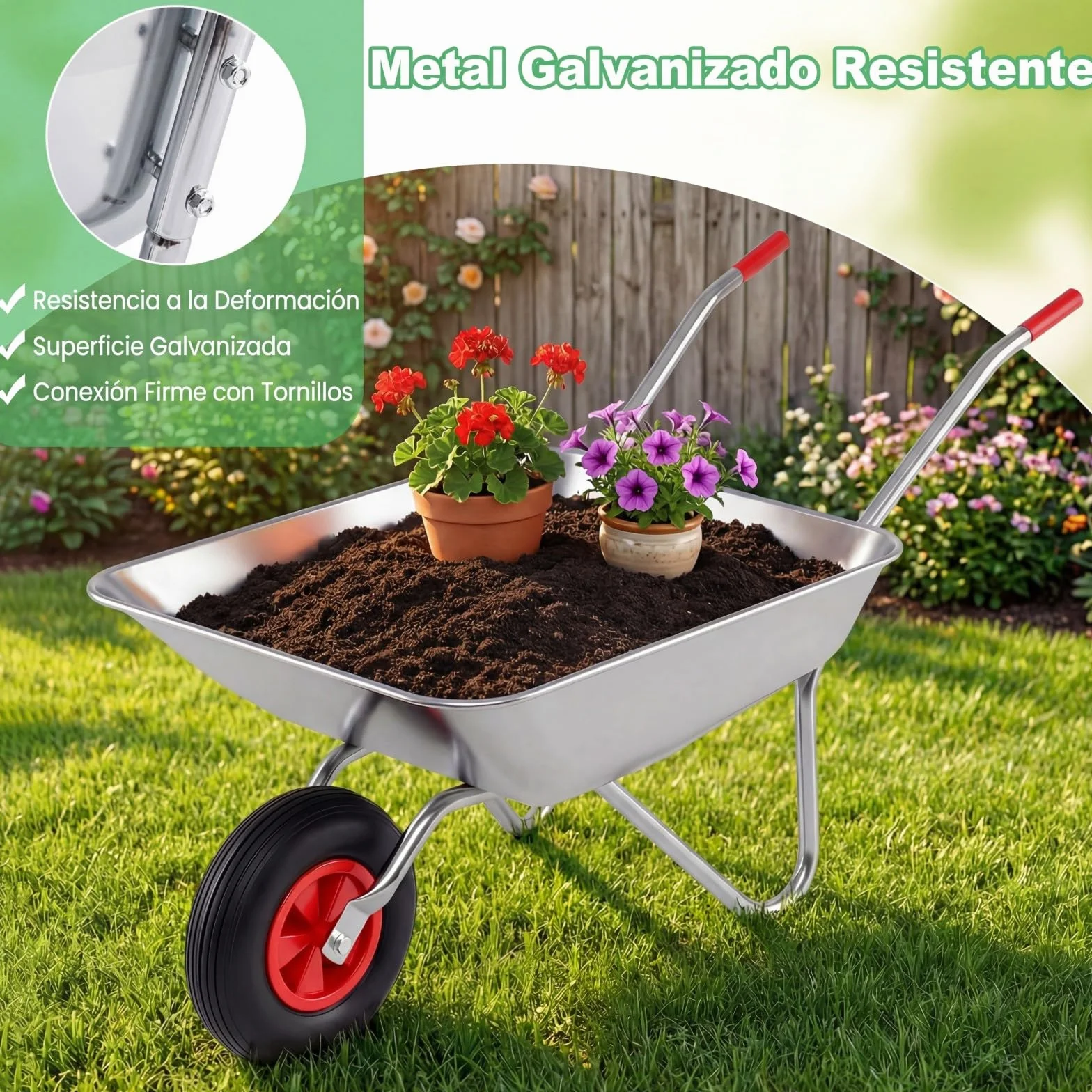 COSTWAY Carretilla de Obra, Galvanizado Metal, Carga 136kg, 62,5 L, Carretilla Jardín con 2 Manillares y Neumático Grande de Goma, Césped Jardín Patio Granja