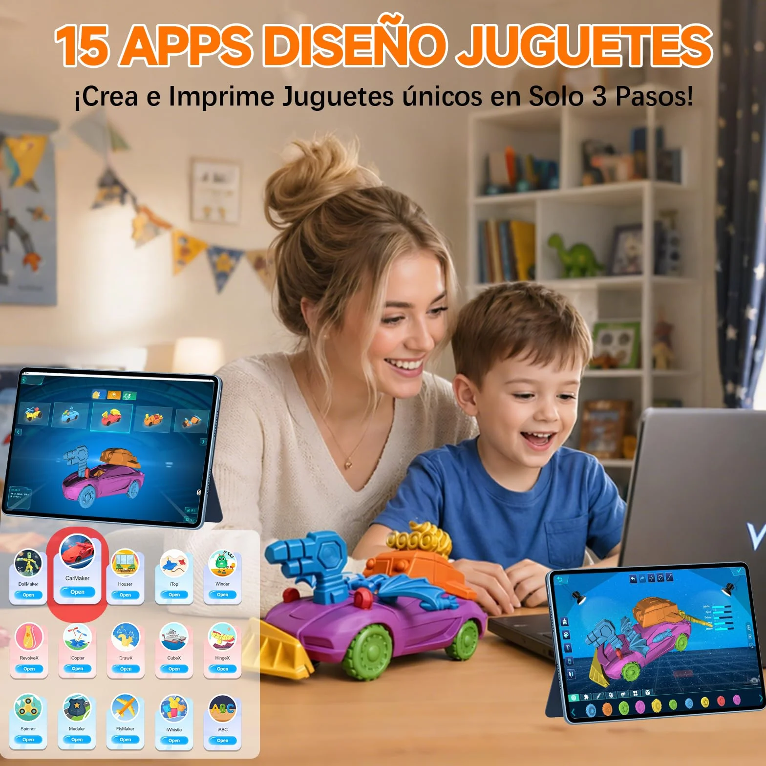 Impresora 3D con IA, 8 Rollos de Filamento PLA, App de Diseño Inteligente, Plantillas 3D y 16 Módulos Mini, Control por App, Time-Lapse, Uso Doméstico