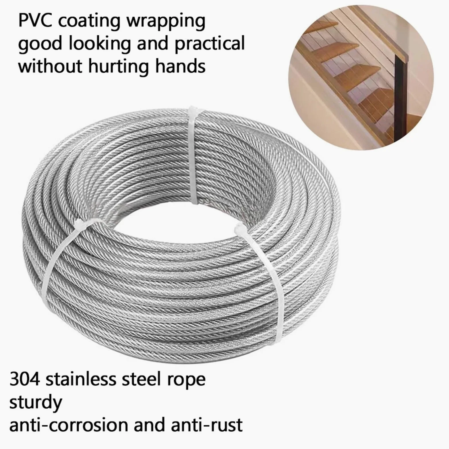 Alambre De Acero Plastificado Cable de acero inoxidable 304 50 m con revestimiento plástico PVC color transparente, 2,0 a 6, mm, utilizado for tendederos, etc(4.0mm)
