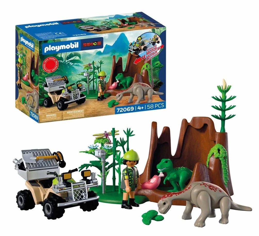 PLAYMOBIL Dinos Escondite de Dinosaurios con Quad, cría de T-Rex y Braquiosaurio | Juguete niños 4+ años | 72069