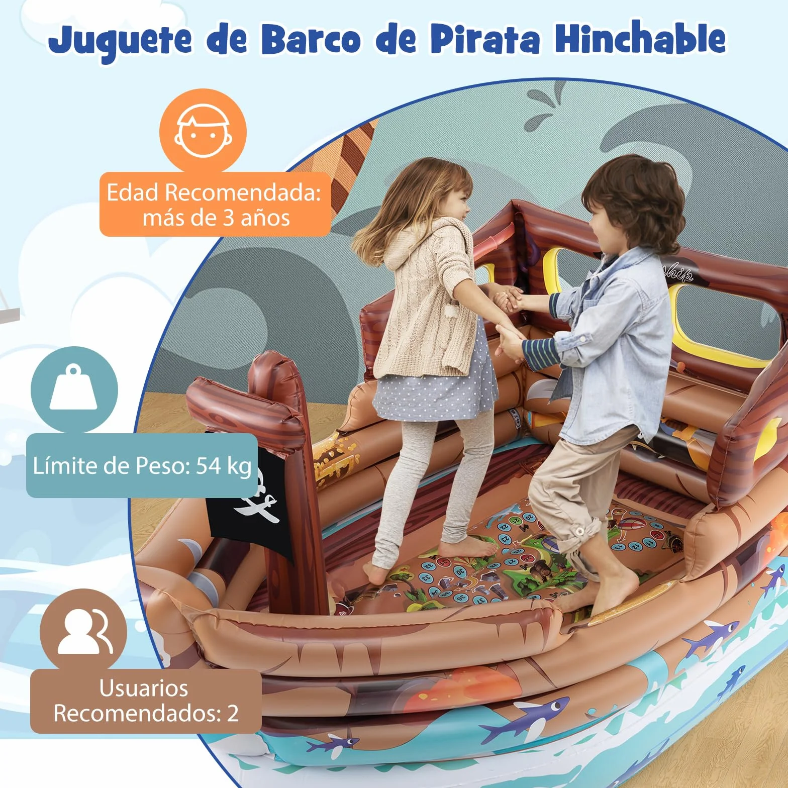 COSTWAY Barca Hinchable Niños Pirata Motor Incorporado 203x138x111 cm