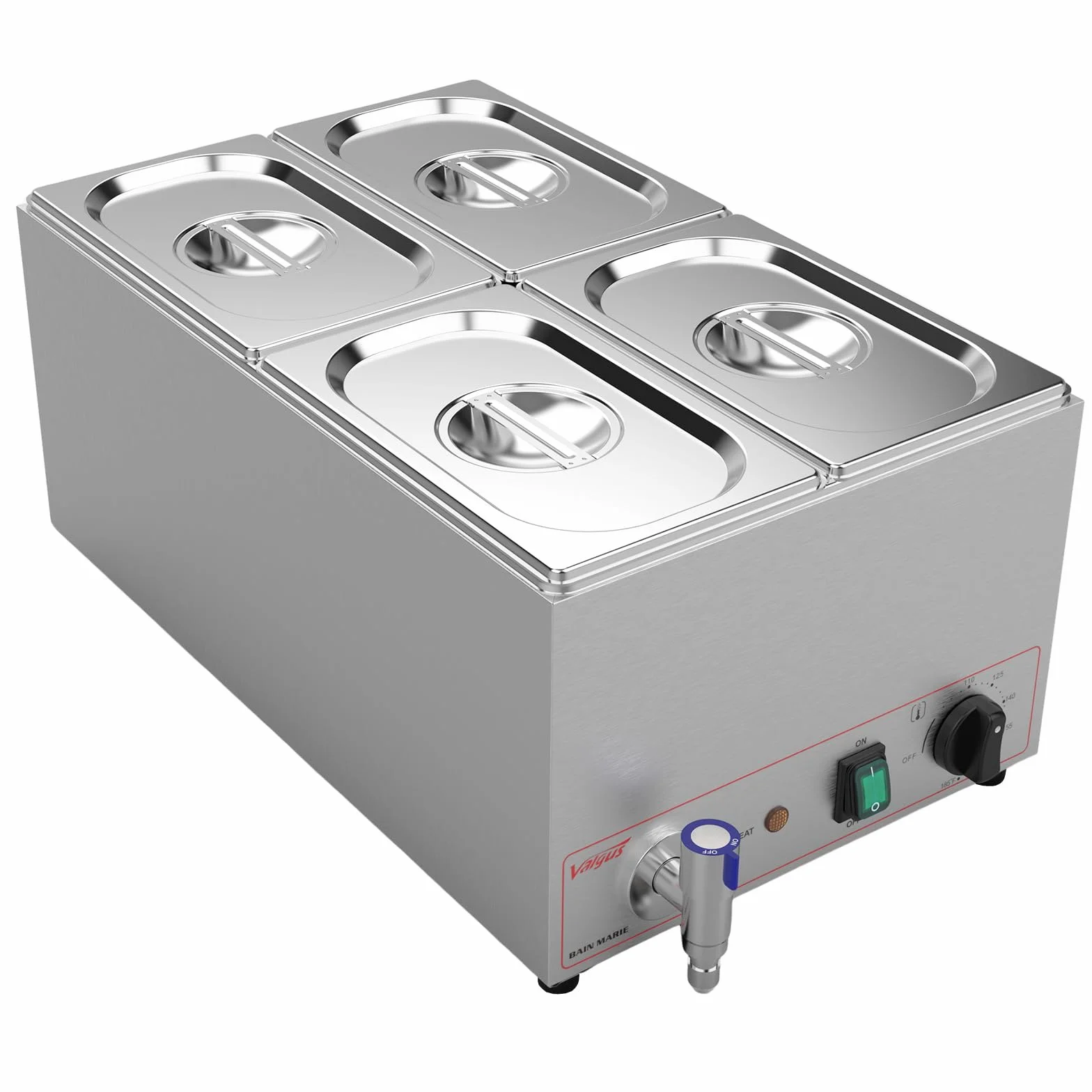 Valgus Calentador de Alimentos Comercial de Acero Inoxidable de 4 Secciones y 15L Servidor Buffet con Tapa y Grifo para el hogar, Catering, restaurantes