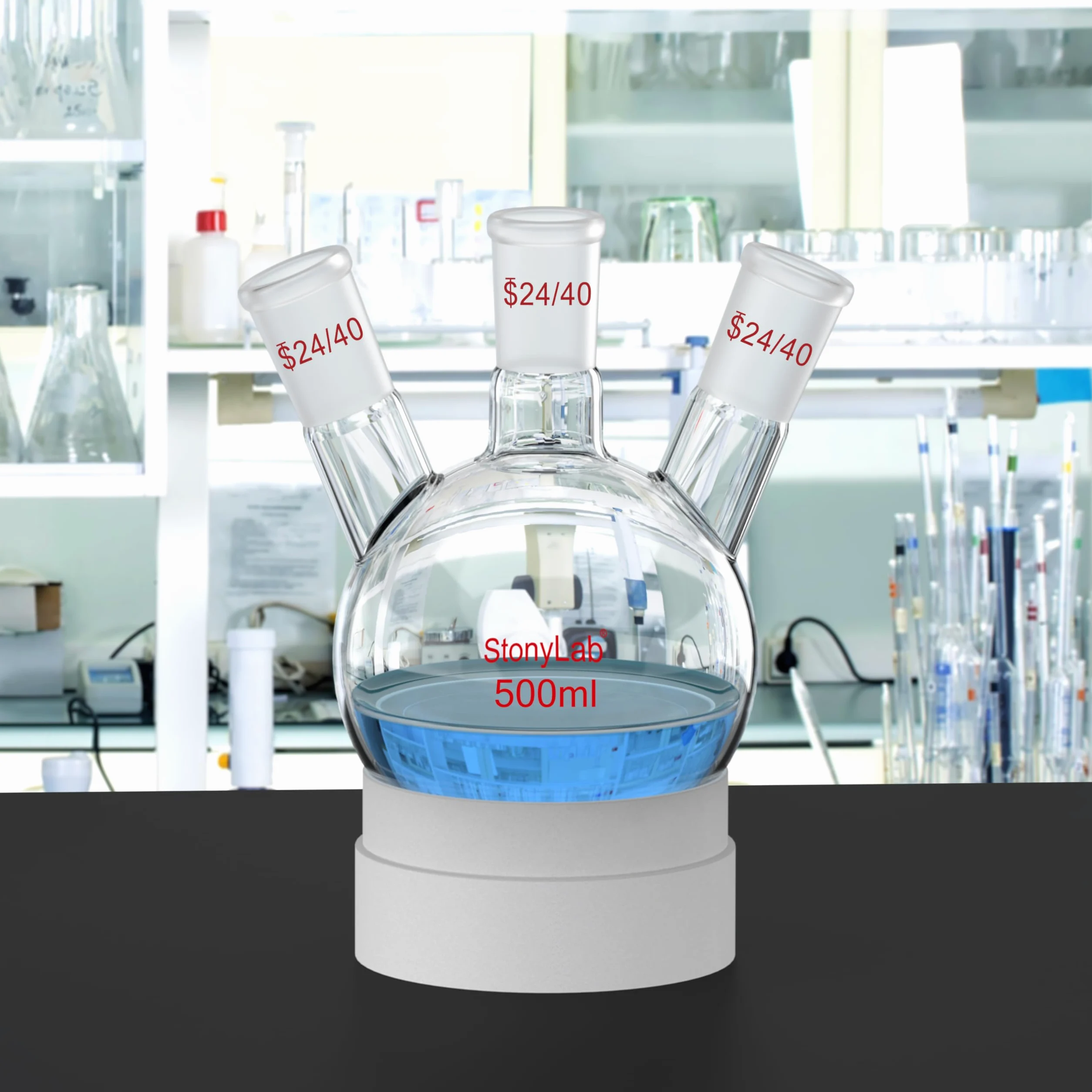 Borosilicato Vidrio Balón de Destilación Tres-Cuellos 500ml 24/40 Cónicos Estándar