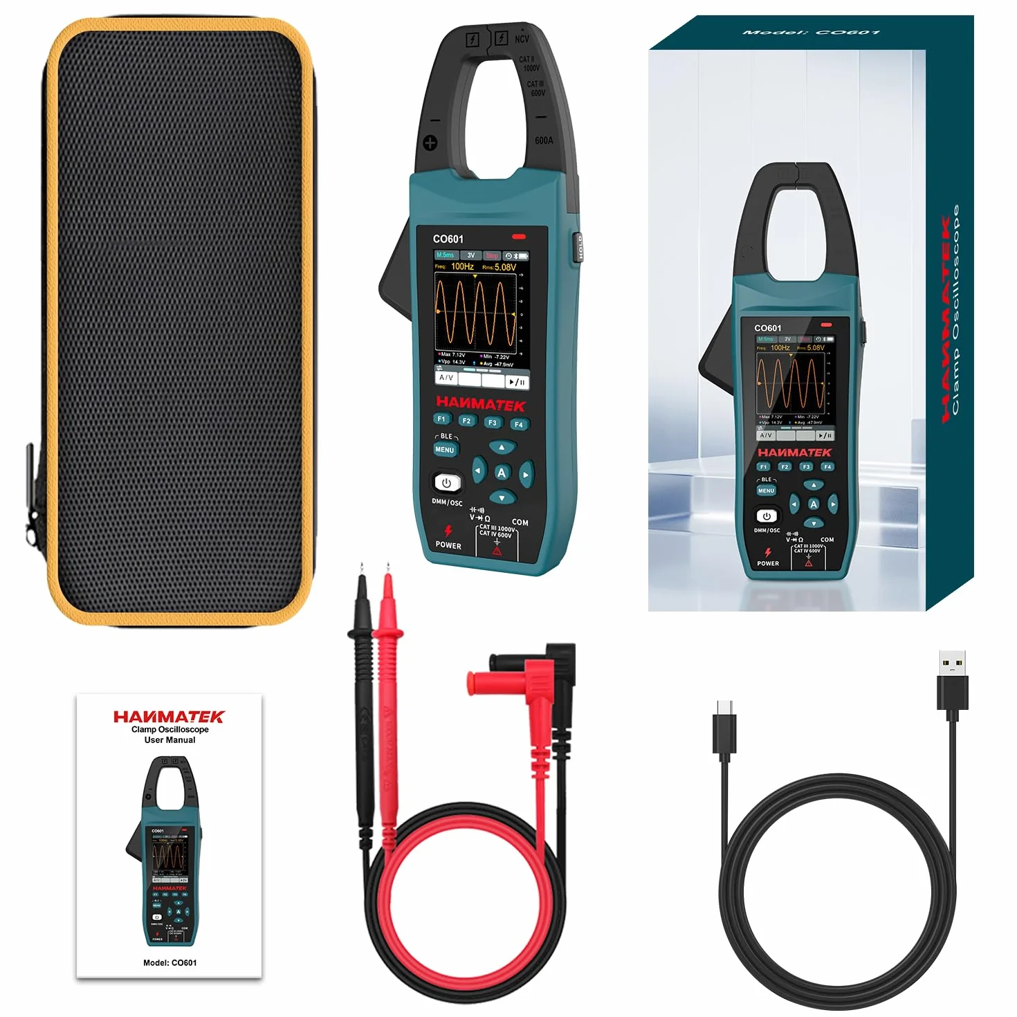 HANMATEK Multímetro con Osciloscopio 2 en 1, Pinza Amperométrica Profesional, 5 MSa/s, Banda 1MHz, NCV, Bluetooth, Pantalla TFT de 2.8", 600A/1000V, CO601