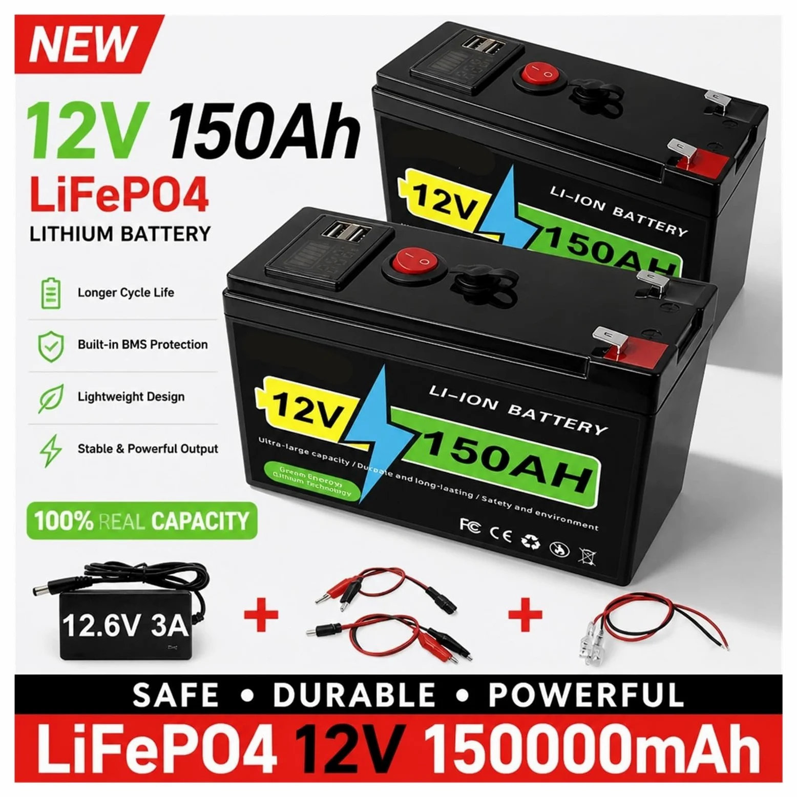 Batería Lifepo4 12v Batería solar Batería de litio 180Ah 12V | BMS de 10 años de vida útil y más de 4000 ciclos for dispositivos solares y marinos(150Ah Battery x1)