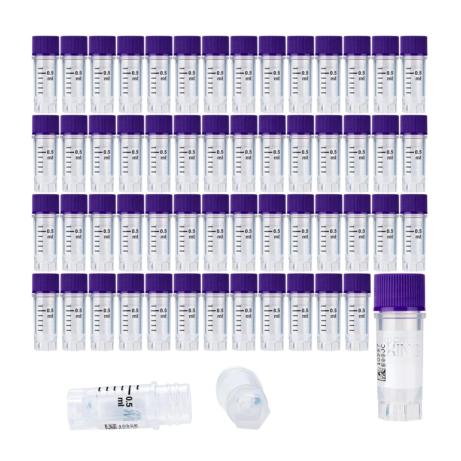 Crioviales de 0,5 ml, 1000 criotubos con código de barras lateral, viales de esterilización con rosca externa, tubos de muestra con tapas moradas, tubos de laboratorio para almacenamiento de