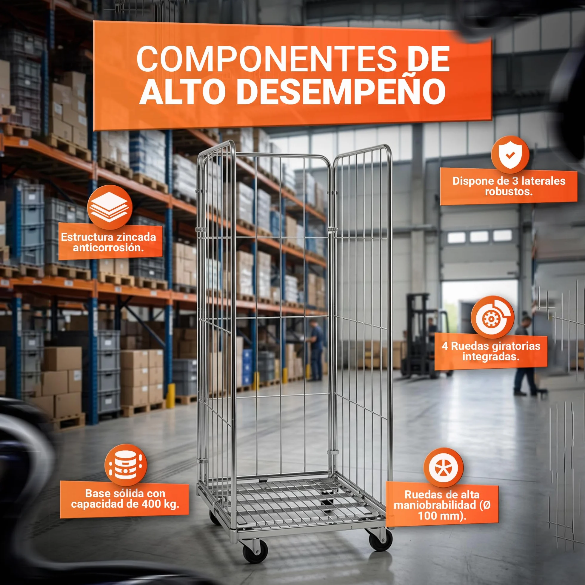 KM Roll Container 3 Lados – Carro Industrial con Ruedas Giratorias de 100mm, Estructura Zincada Resistente. Capacidad 400 kg, Diseño Desmontable. Ideal para Almacenes y Logística Profesional.