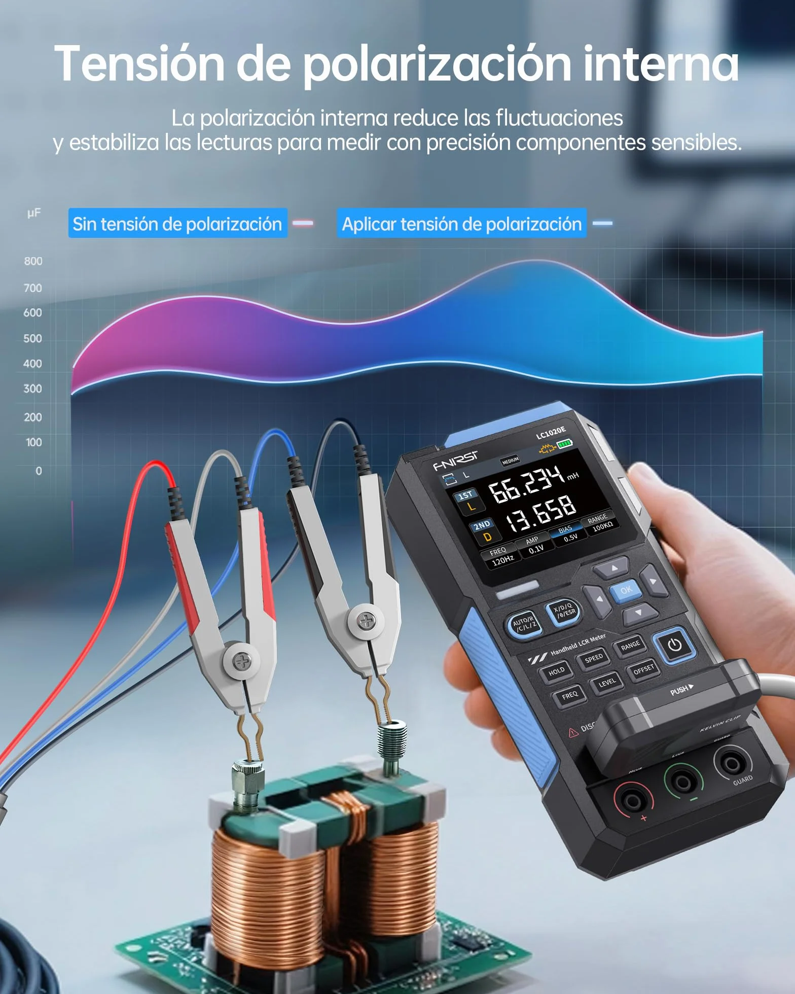 FNIRSI LC1020E Medidor Digital LCR 100kHz, Tester de Resistencia Inductor Condensador, 19999 Cuentas, Detección Auto de Componentes, Mide ESR/Q/D/θ/X, Pantalla Dual, Calibración Apertura Cortocircuito