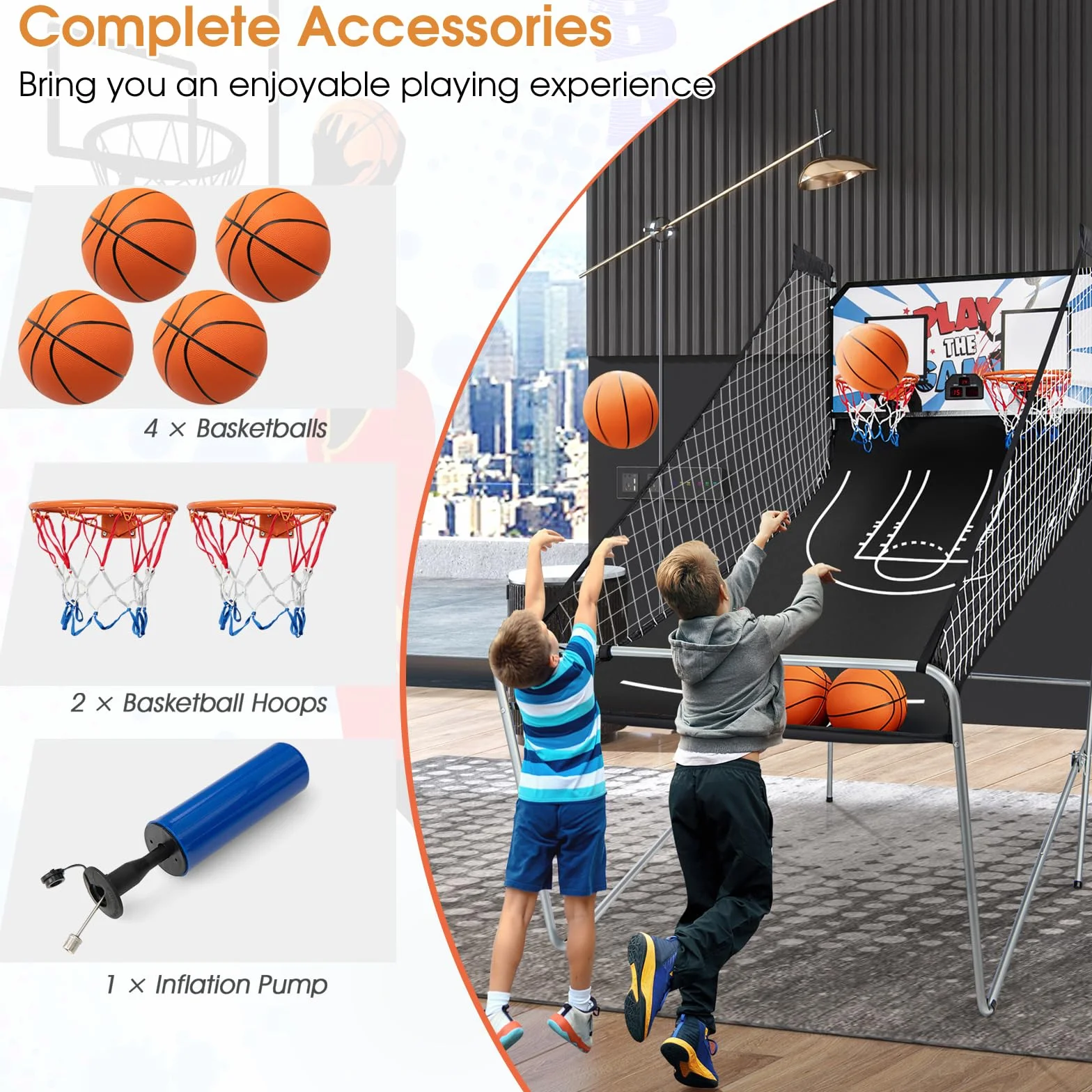 KOMFOTTEU Juego de Canasta de Baloncesto Plegable Doble Canasta con Contador Electrónico 8 en 1 Máquina de Tiro 202x107x205 cm