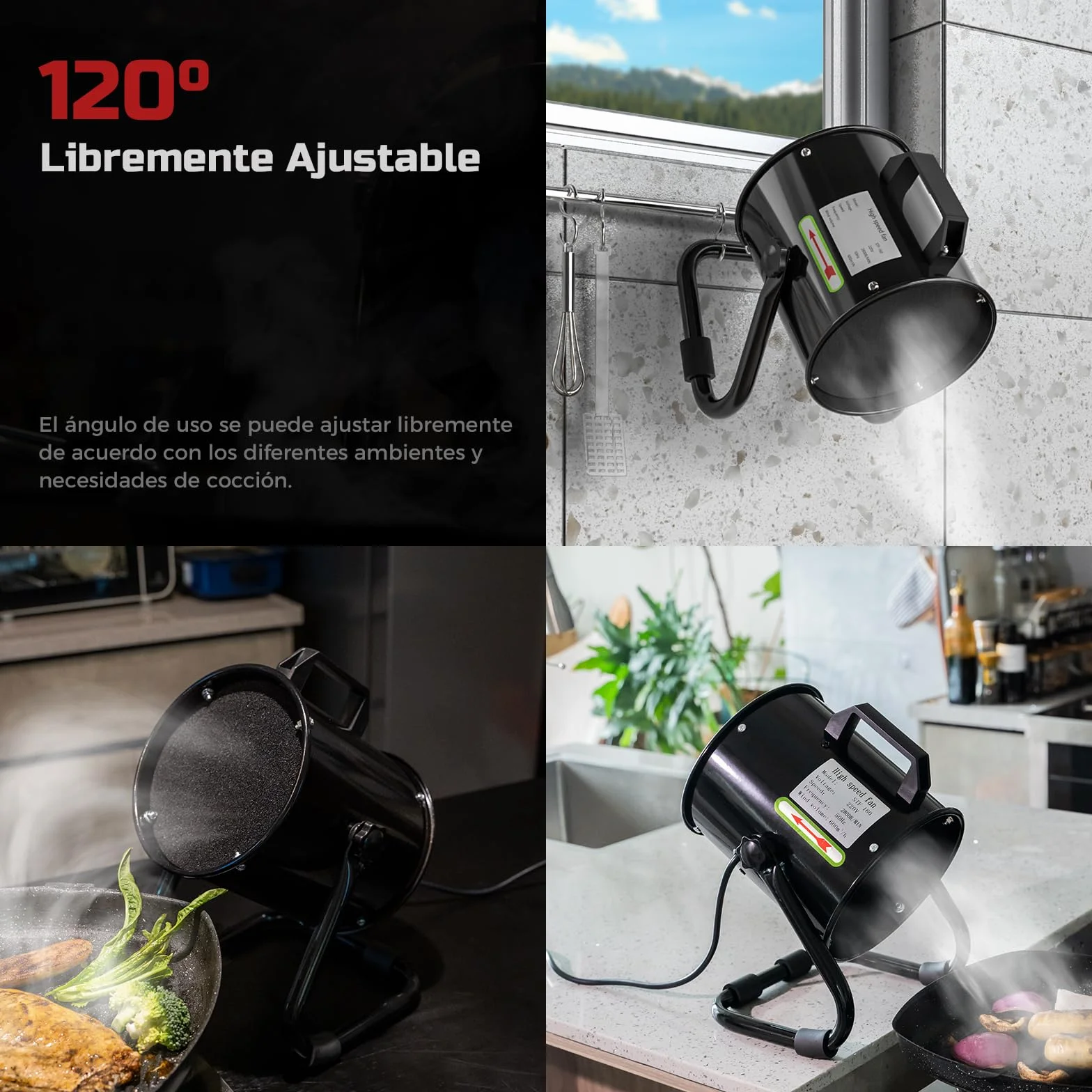 Campana Extractora Portátil 40W 600m³/h Extractor Aire Humos Aleación Aluminio con Filtro Carbón Activado Ajustable Bajo Ruido para Cocina RV