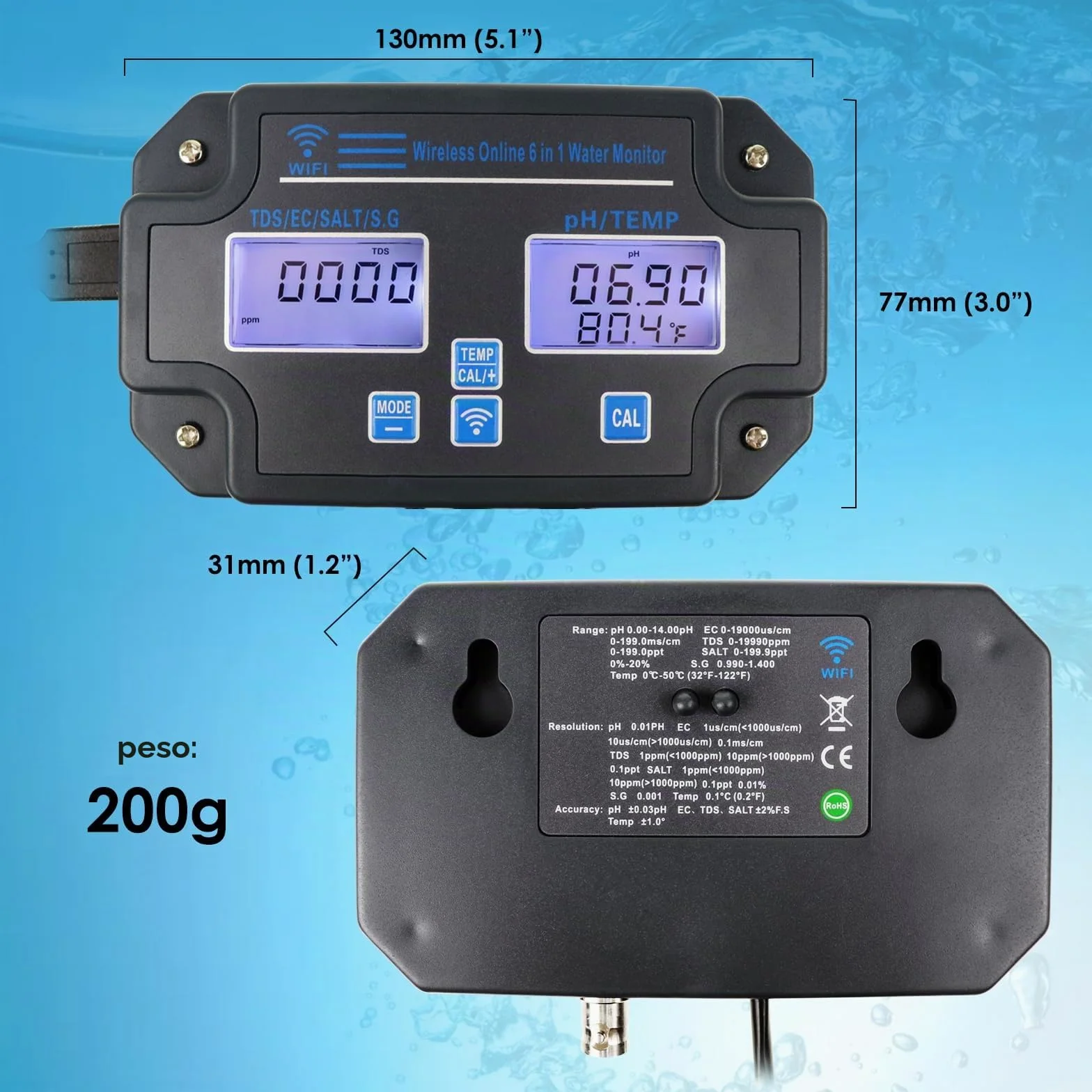 Monitor Profesional 6 en 1 para Medir la Calidad del Agua pH, TDS, EC, Salinidad, SG y Temperatura Sensor Inteligente Wi-Fi con Aplicación y Eegistro de Datos para Acuarios e Hidroponía