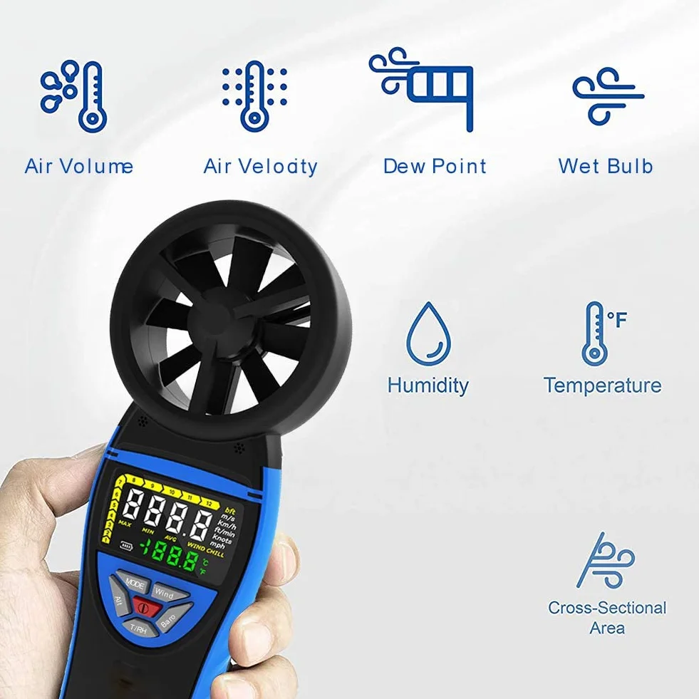 HoldPeak 8805-WM Anemómetro Digital Portátil para Exterior, Temperatura, Presión Atmosférica, Altitud y Flujo de Aire para Drones HVAC