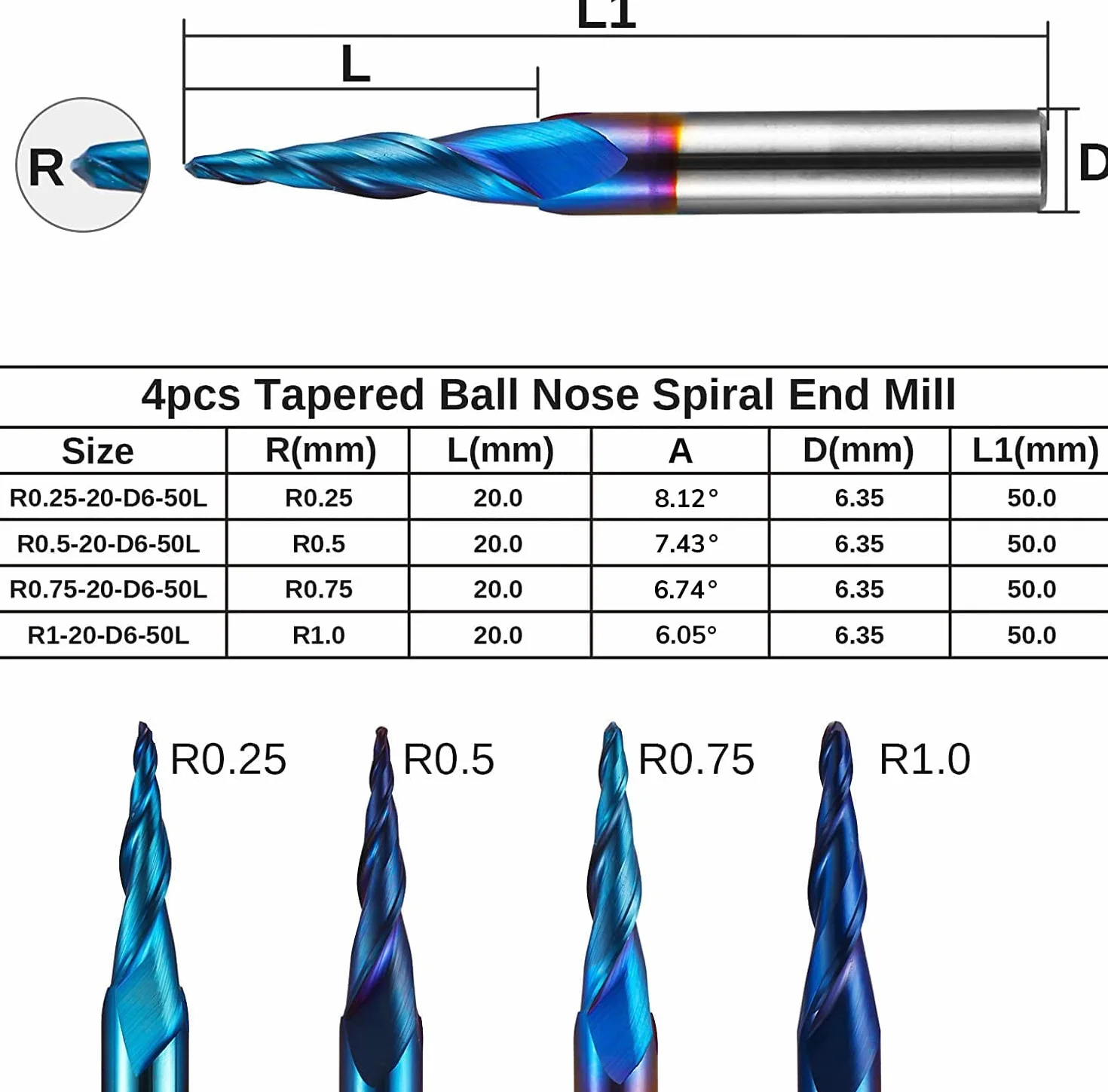 Genmitsu 4 piezas de 2 canales CNC de nariz de bola cónica en espiral, revestimiento nano azul, grabado 2D y 3D, brocas de carpintería, R0.25-1.0, vástago de 1/4 de pulgada, TB04B