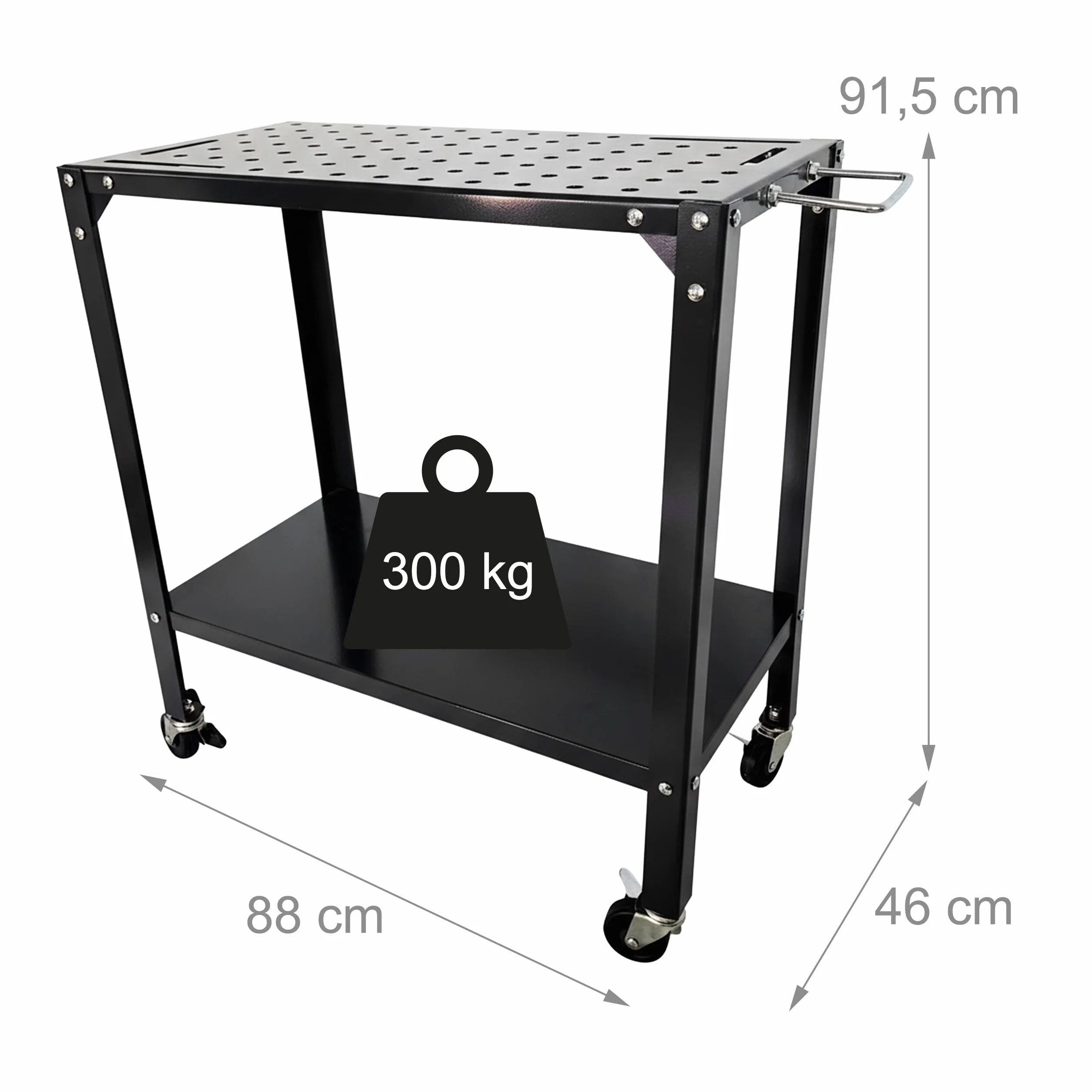 Relaxdays Mesa de Trabajo con Ruedas, Placa Perforada, Acero Negro, 91.5 x 88 x 46 cm