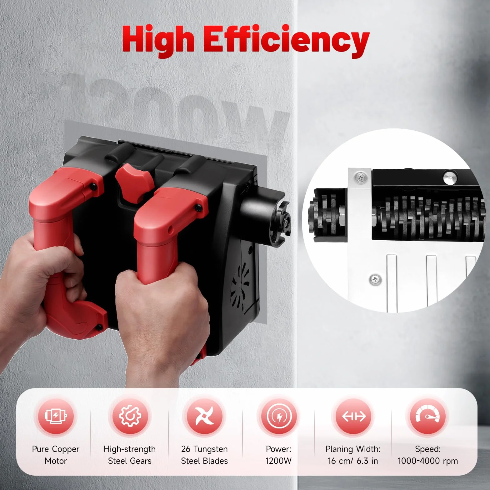 Fresadora de Hormigón 1200W Cepilladora Eléctrica de Pared 1000-4000rpm Fresadora de Rodillo 1-4 mm Profundidad Ajustable Lijadora de Hormigón para Renovar Paredes y Techos