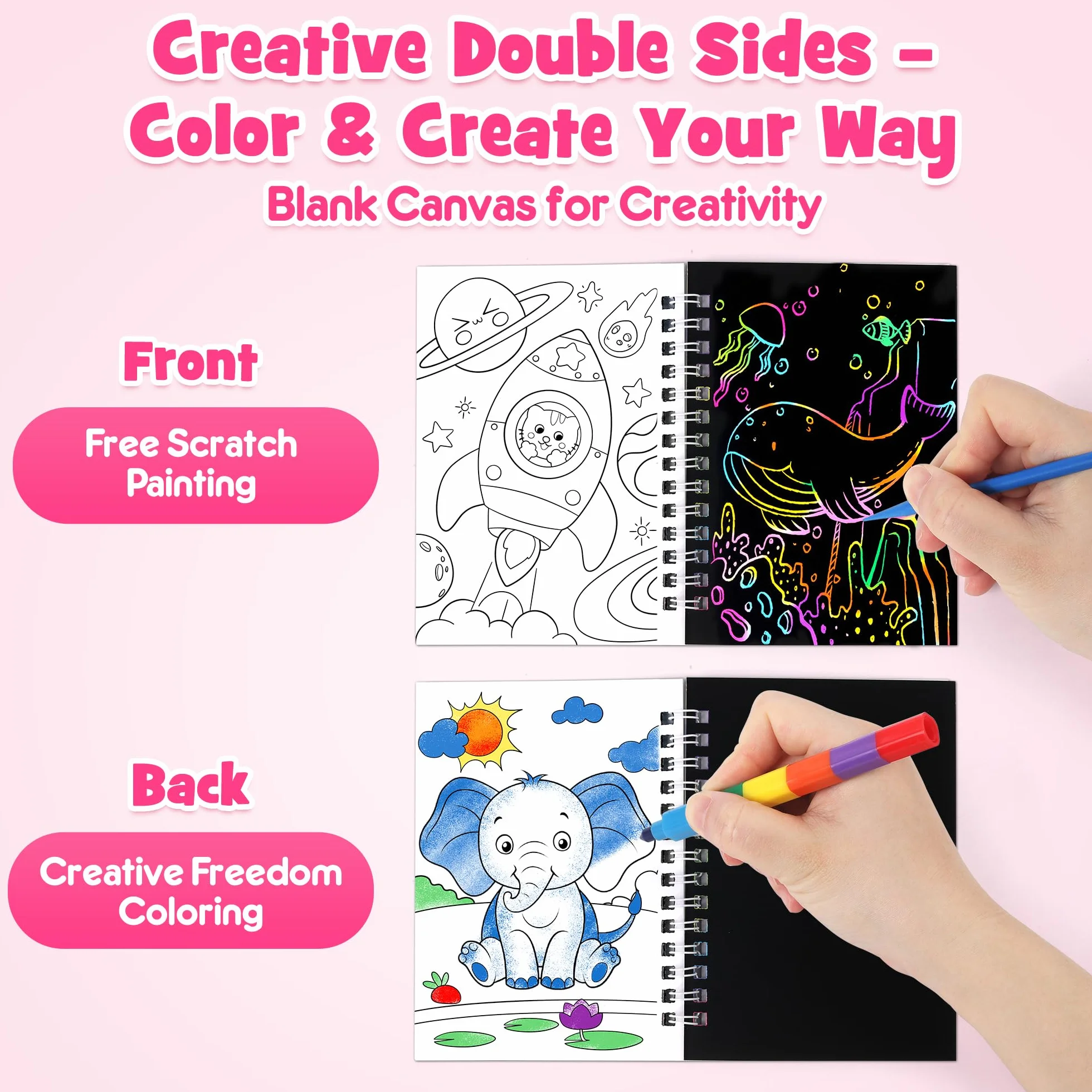 Mocoosy Juego de 24 cuadernos para colorear y Scratch Art para niños, kit de dibujo de papel arcoíris de doble cara