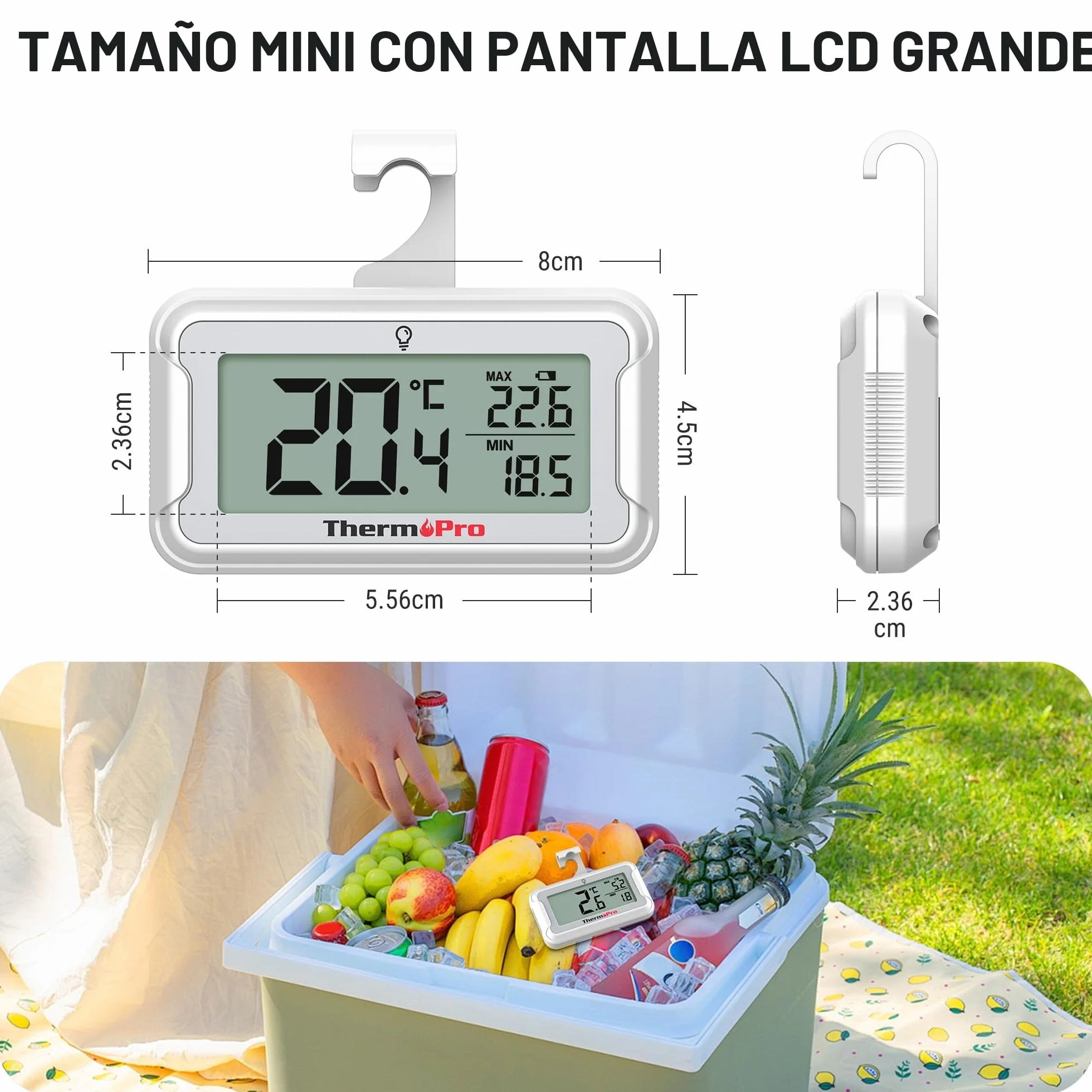 ThermoPro TP110 Termómetro Frigorífico Digital, Nevera y Congelador con Pantalla LCD, Registro MAX/MIN 24h, IPX6 Impermeable