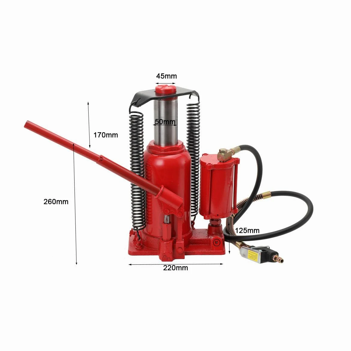 Gato hidráulico de botella 20T con elevador de botellas, cilindro hidráulico, gato hidráulico con palanca de bomba plegable, altura de elevación 260-510 mm, conexión de aire comprimido 1/4