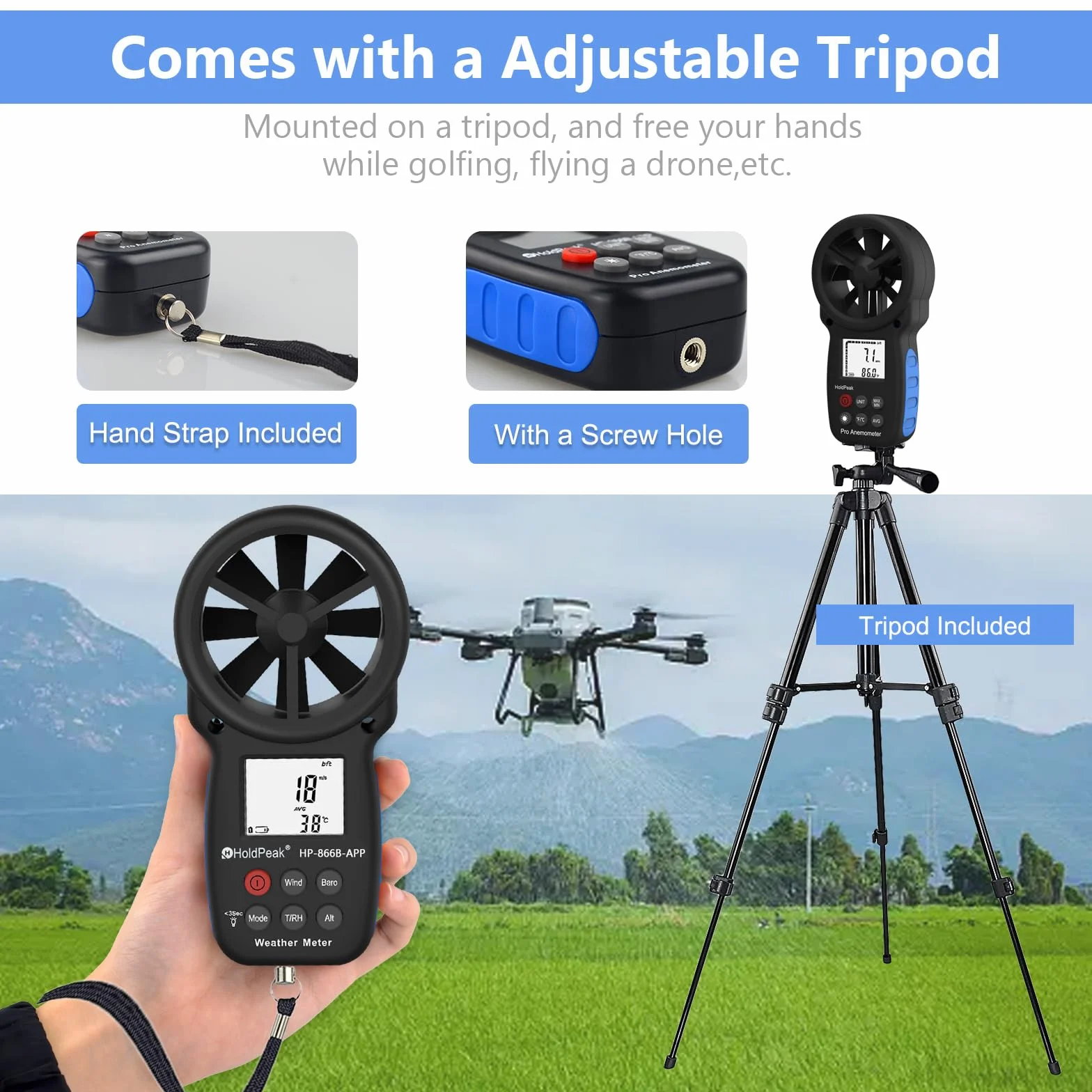 Anemómetro Digital HoldPeak 866B-APP Medidor de Velocidad Viento Bluetooth Inalámbrico Temperatura
