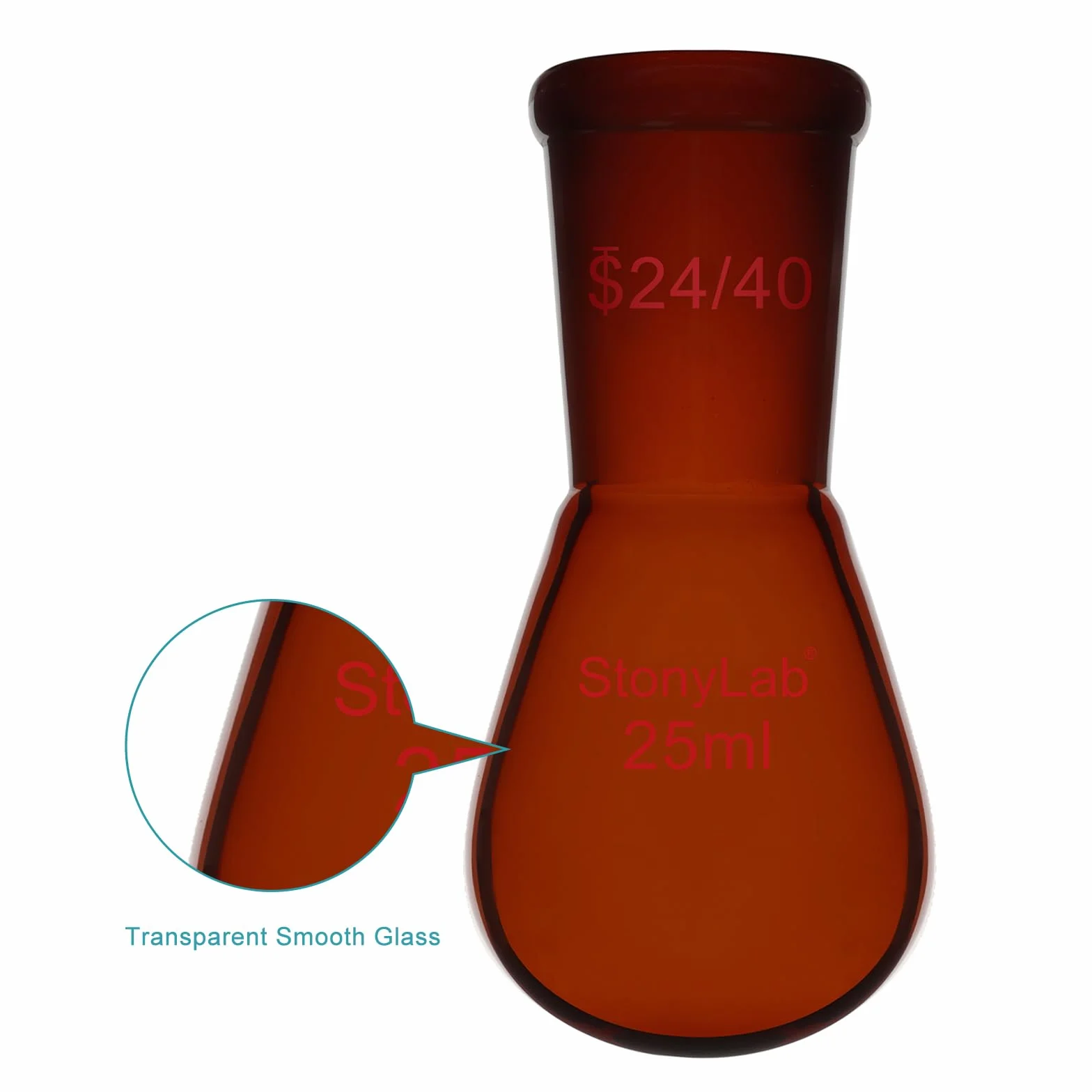 Matraz de Recuperación de Vidrio Borosilicato Ámbar 25 ml, Cuello Único 24/40, Pared Gruesa