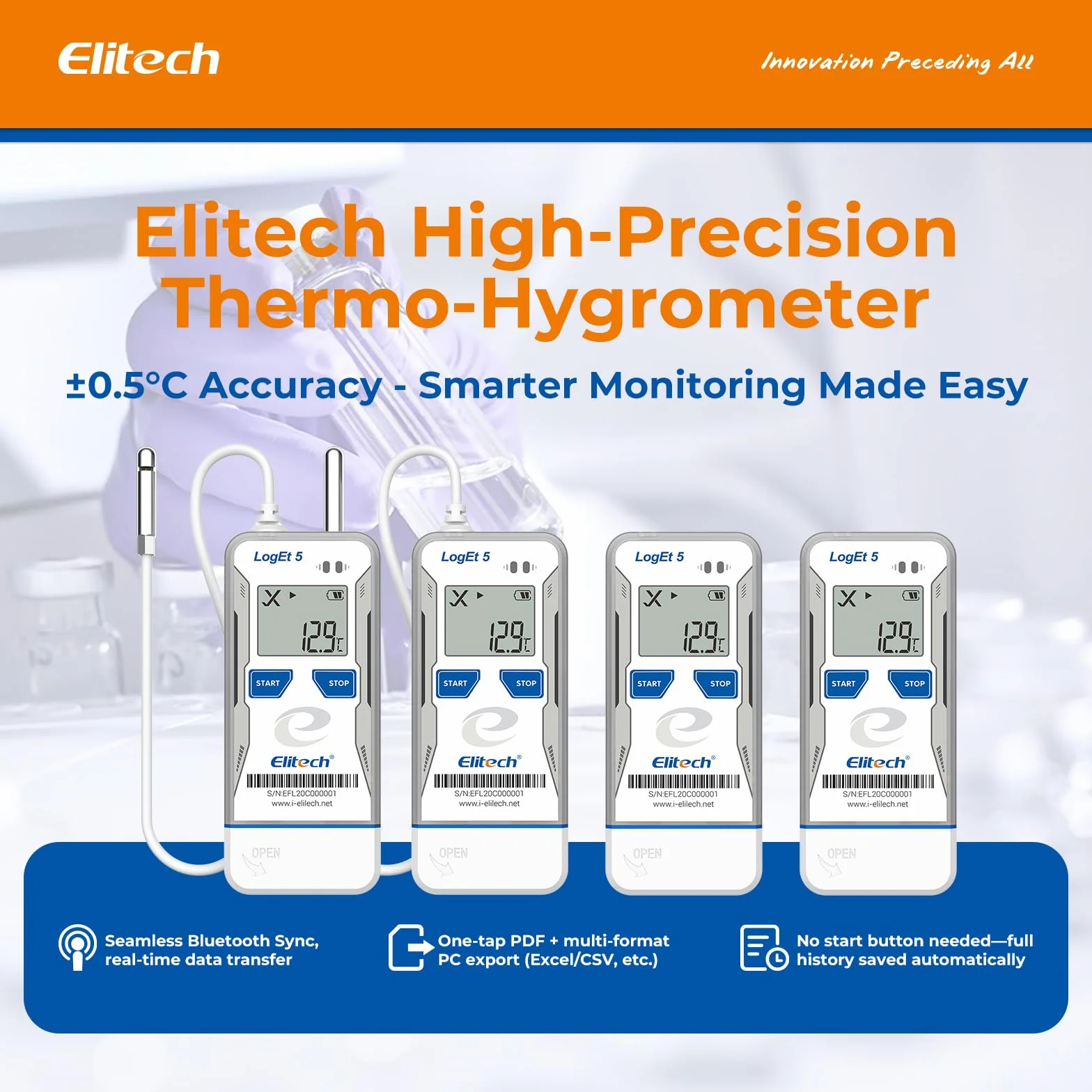 Elitech LogEt5BTH Registrador de Temperatura y Humedad USB Bluetooth Reutilizable 32.000 Puntos