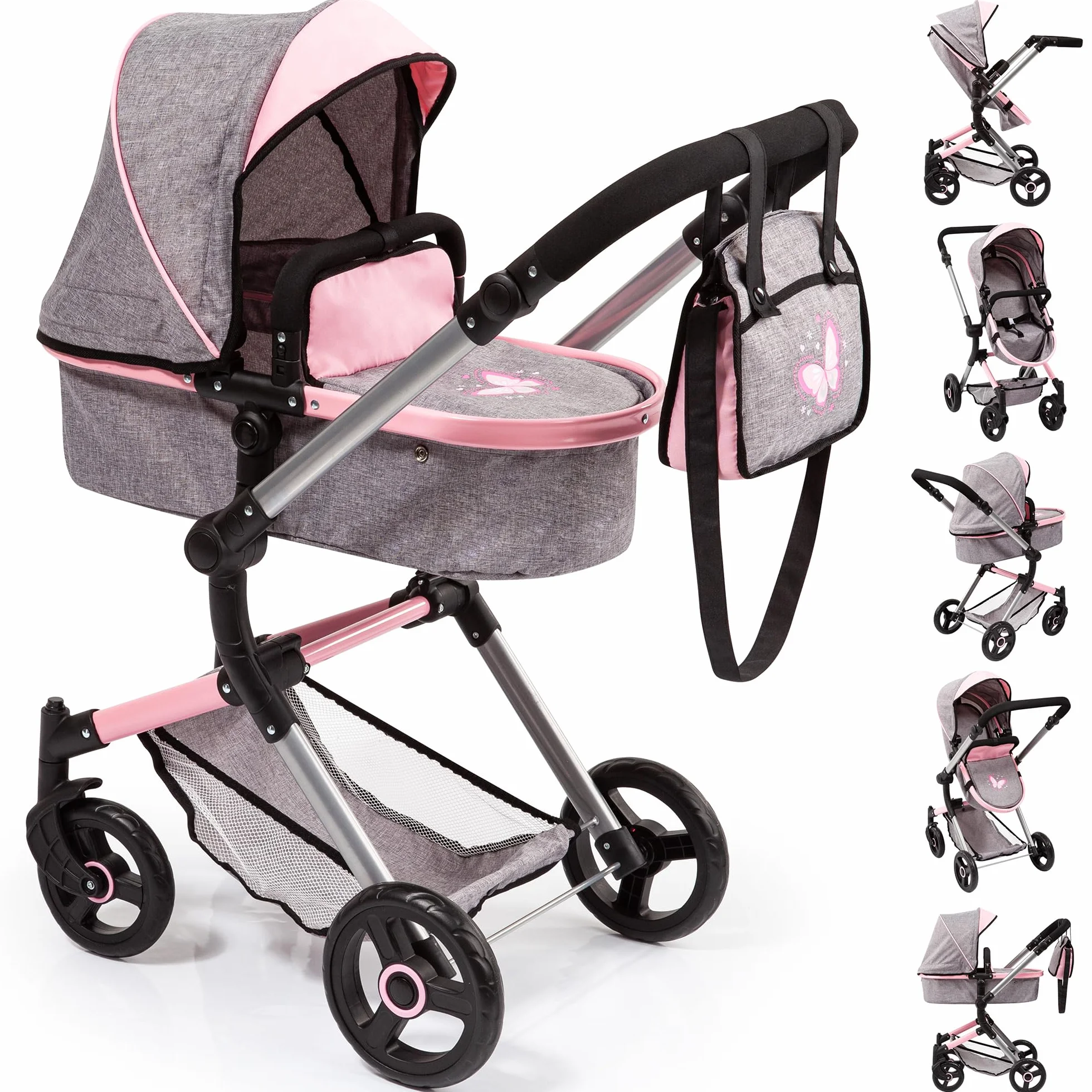Bayer Design Cochecito de Muñecas Neo Vario Combolso Cambiador Convertible Plegable Vaqueros Grises Rosa Mariposa