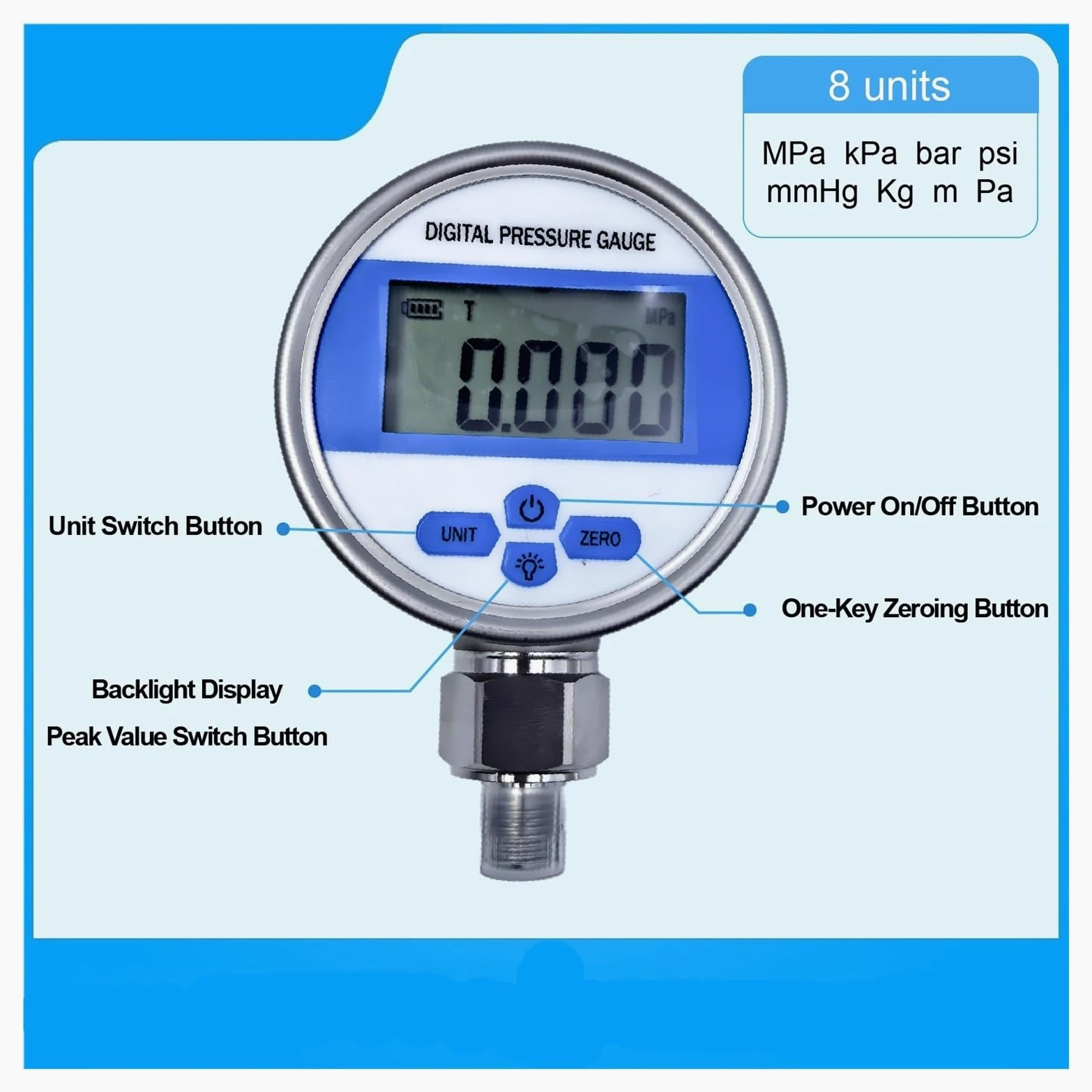 Manómetro Digital de presión YB80A, manómetro vacío precisión, Pantalla Alta, Sensor Acero Inoxidable Alimentado por batería(NPT1-2,0-100kpa)