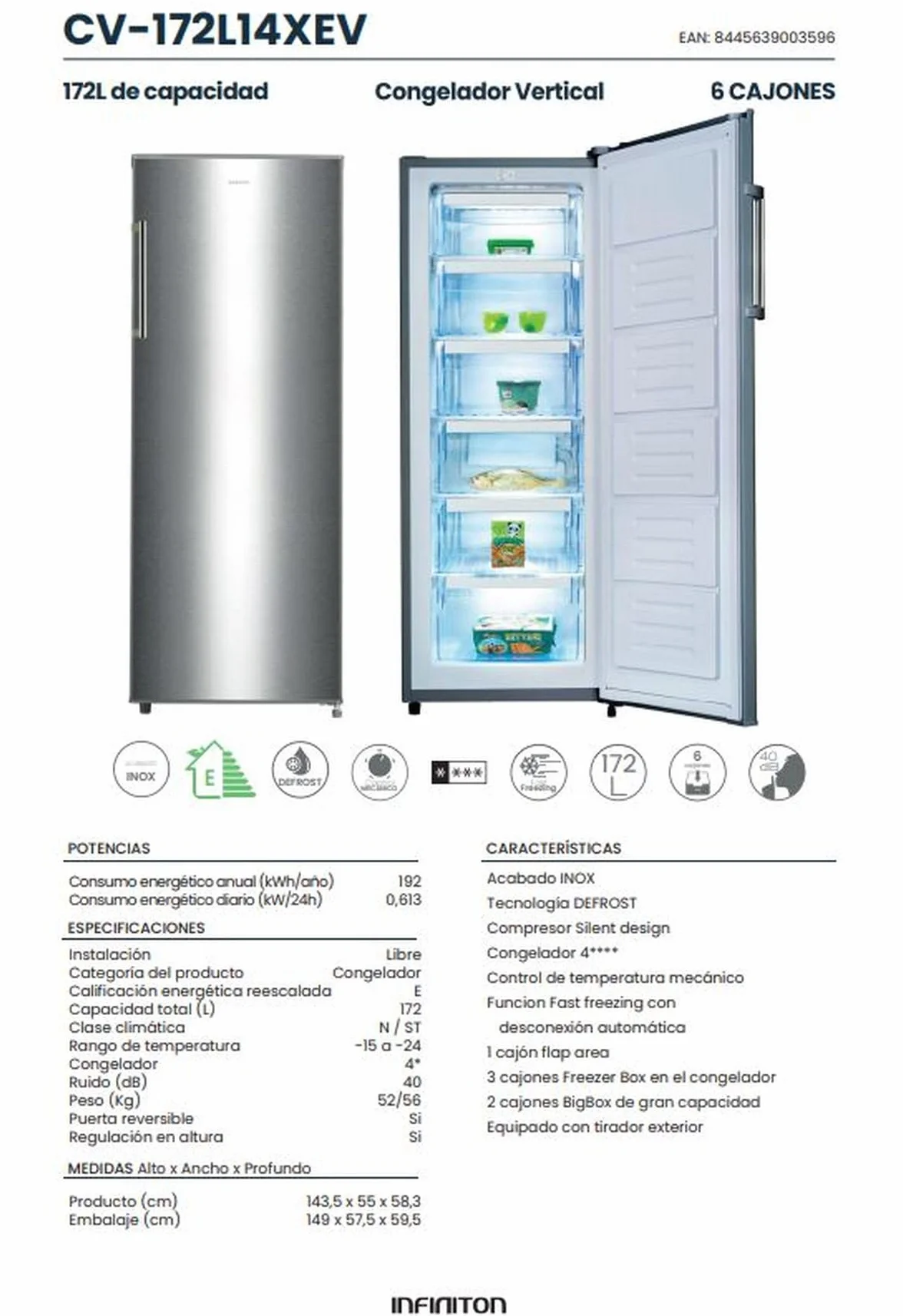 INFINITON Congelador Vertical CV-172L14XEV 172L 143.5cm Inoxidable