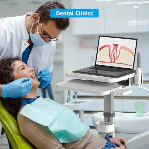 Carro médico con soporte para monitor y soporte para escáner oral, carrito dental ajustable con ruedas de bloqueo de 360° para hospitales, dentales y salones de belleza