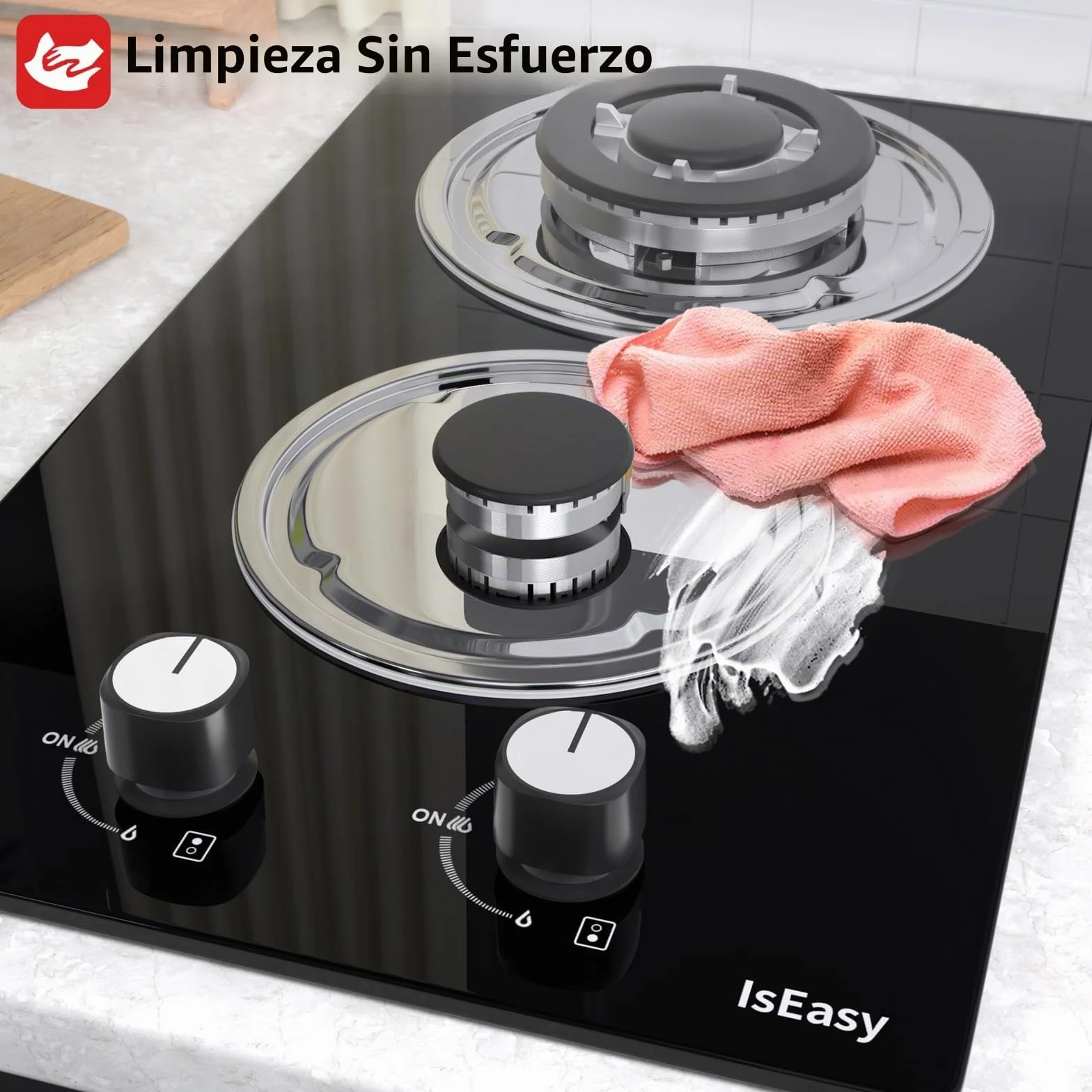 Placa de gas 2 fuegos autosuficiente cocina empotrable gas natural propano cristal
