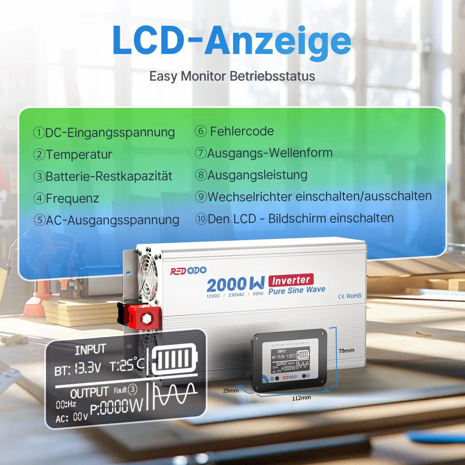 Redodo Inversor Onda Sinusoidal Pura 2000W 2V DC a 230V AC Convertidor para Camping,Inversor Energía Solar con 2xSalidas de CA,Pantalla de Monitorización con Visualización de Estado en Tiempo Real