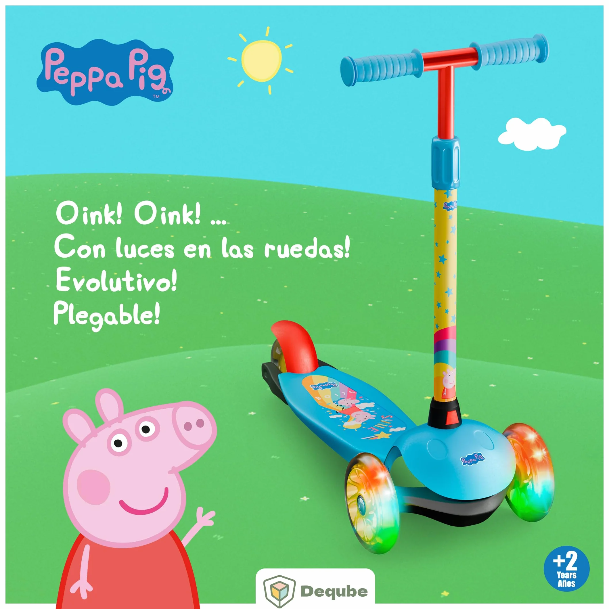 Patinete Infantil Peppa Pig 3 Ruedas Ajustable con Ruedas LED y Freno Trasero Plegable Ultraligero