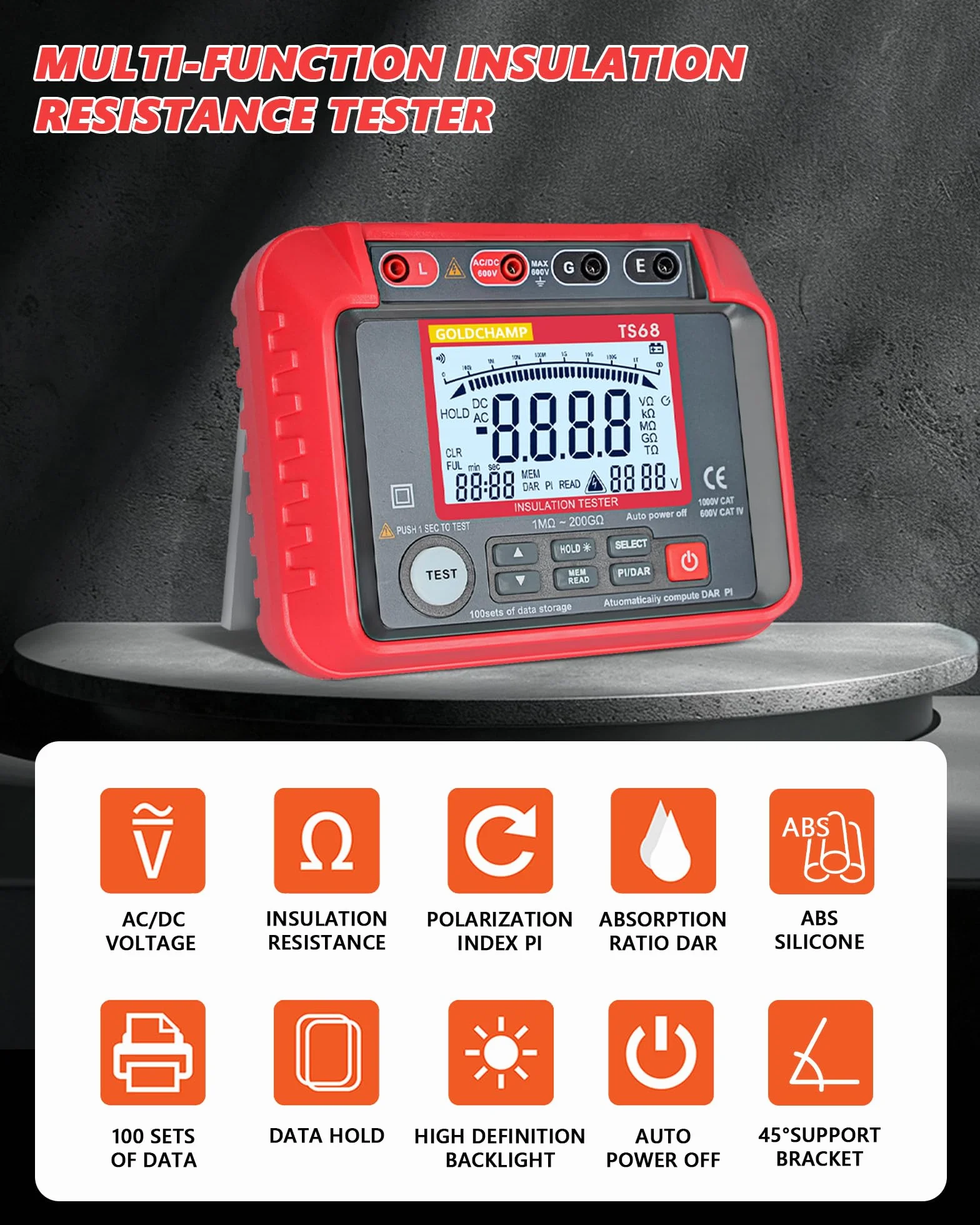 Probador de resistencia de aislamiento TS68, medición de resistencia de 1MΩ-200GΩ, megohmímetros con pantalla LCD retroiluminada, almacenamiento de datos 100, voltaje de salida 250V-2500V, medición