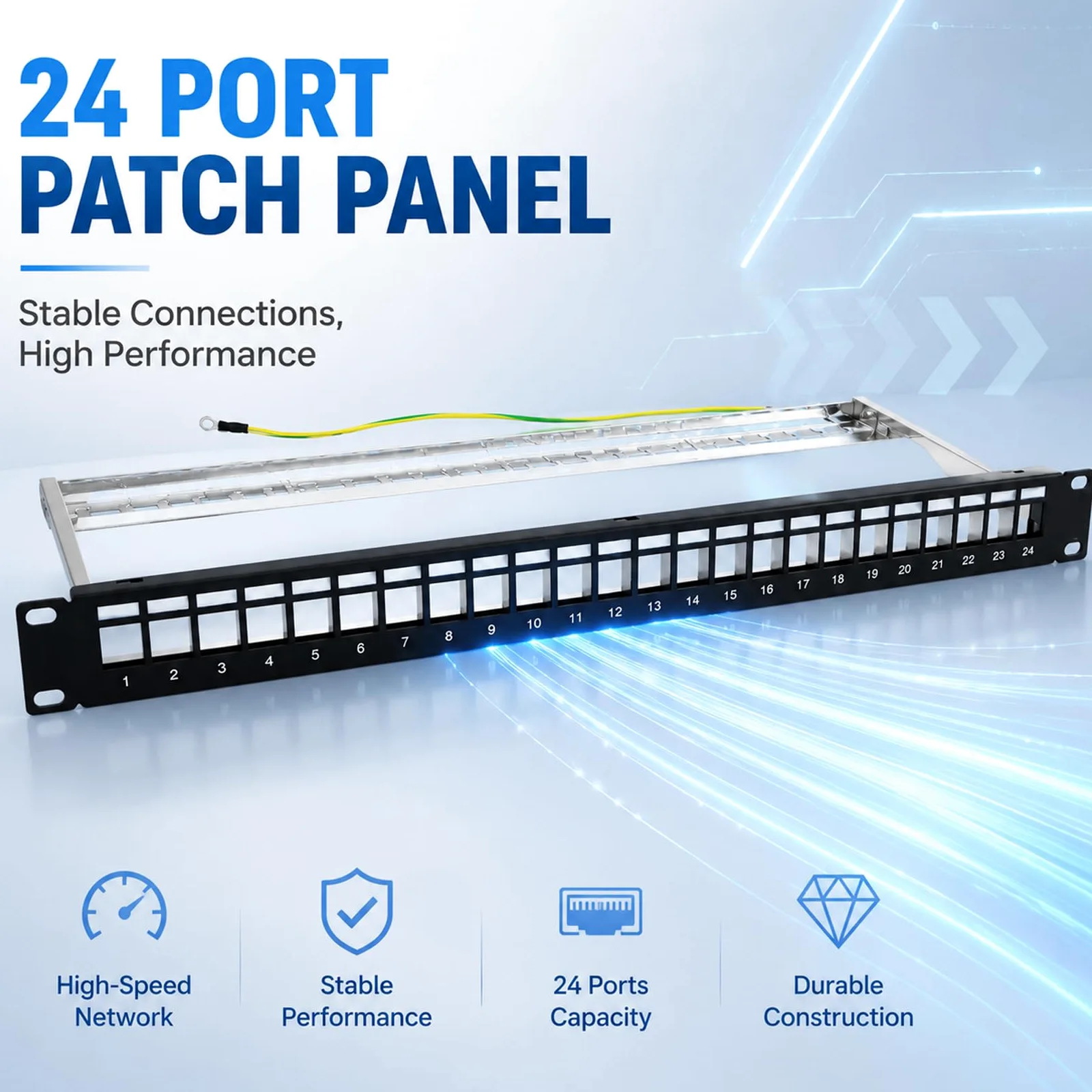 Panel de conexión de 19 pulgadas y 24 puertos, panel de conexiones blindado con módulos Keystone, acoplamiento CAT 7 Keystone RJ45, panel de conexiones 1U en blanco para rack de red