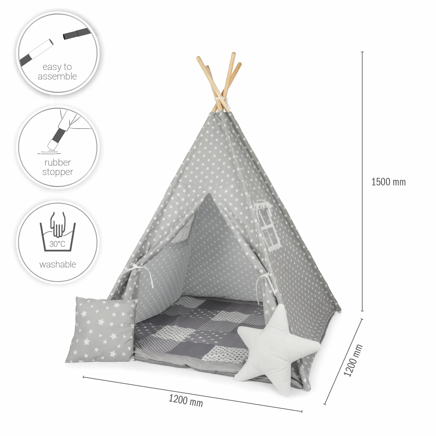 Paco Home Tipi Infantil Wigwam Sólido Robusto Juegos Interiores Gris con Accesorios