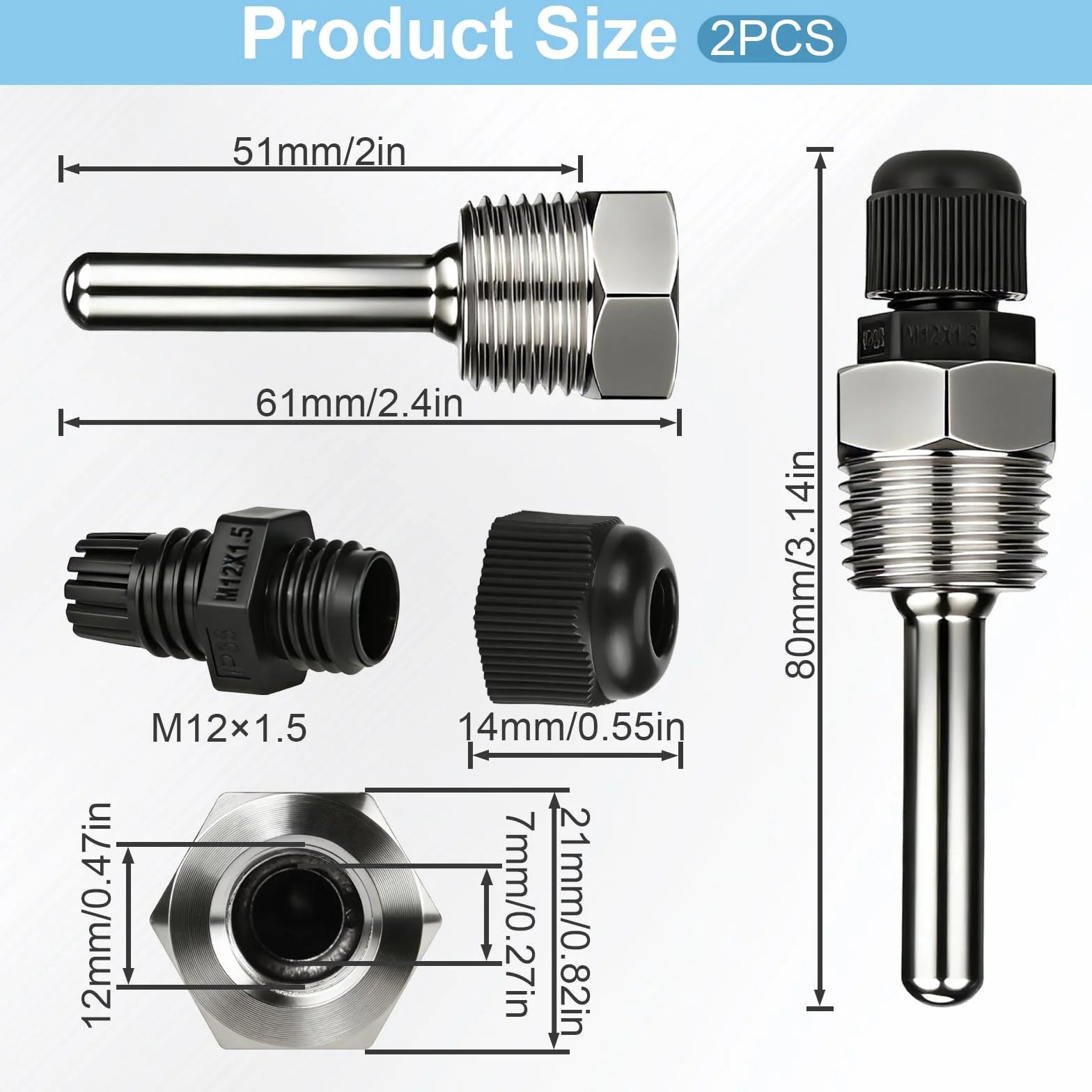 2 Piezas Manguitos de Buceo de Acero Inoxidable 304 Rosca G 1/2 Pulgadas Manguitos de Buceo para Sensor de Temperatura Tubos de Protección Contra Inmersión (8 x 50 mm)